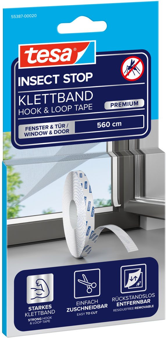 tesa Fliegengitter-Gewebe Klettband Premium - Ersatzrolle Für Fliegennetze - 560 cm, (Packung, 1-St., Selbstklebendes Klettband), zuschneidbar - Mückenschutz ohne Bohren