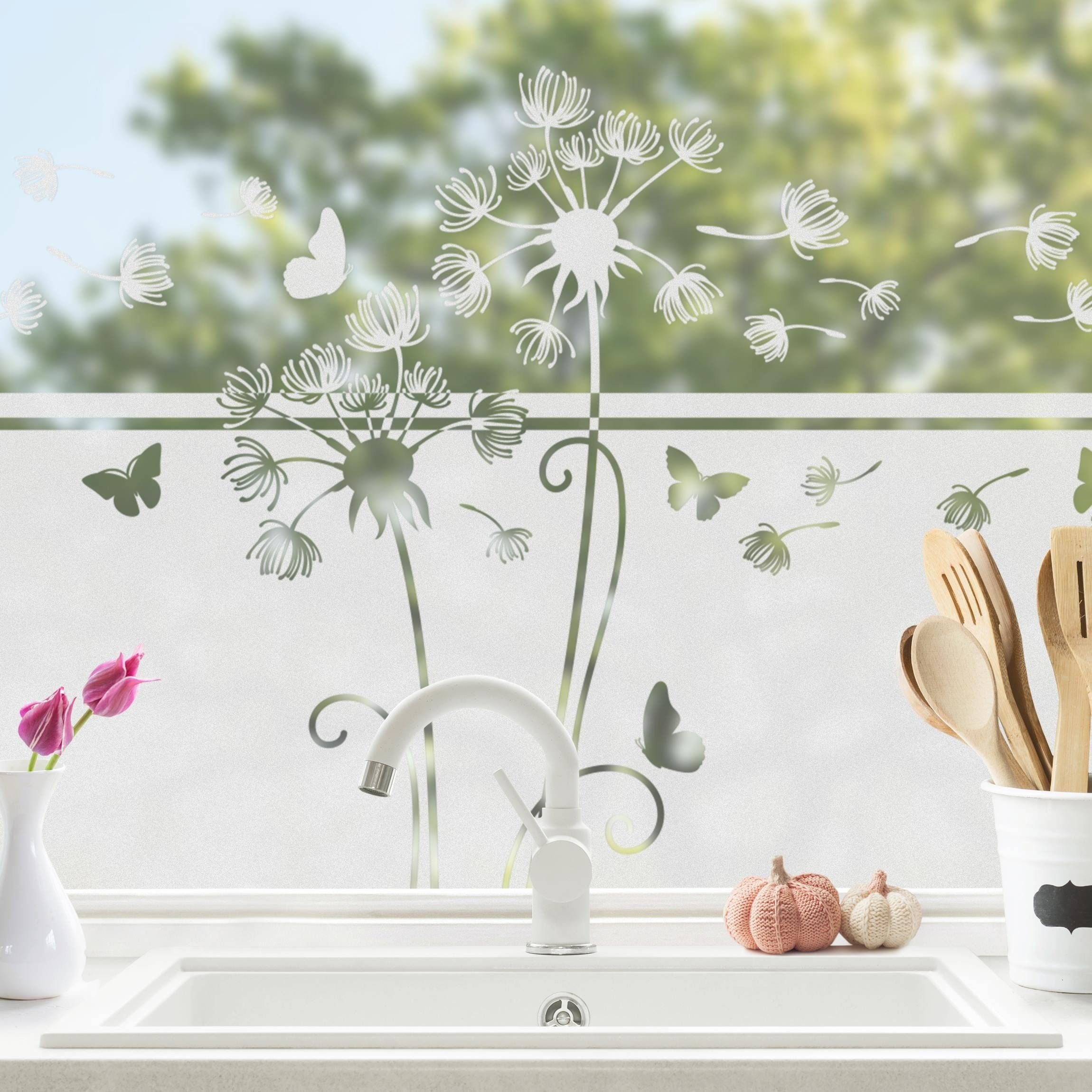Bilderdepot24 Fensterfolie statisch haftend Motiv Fensterdeko Zwei Pusteblumen Bordüre Blume, blickdicht, Innen Fenster Tür Balkontür Küche Badezimmer Wohnzimmer Schlafzimmer