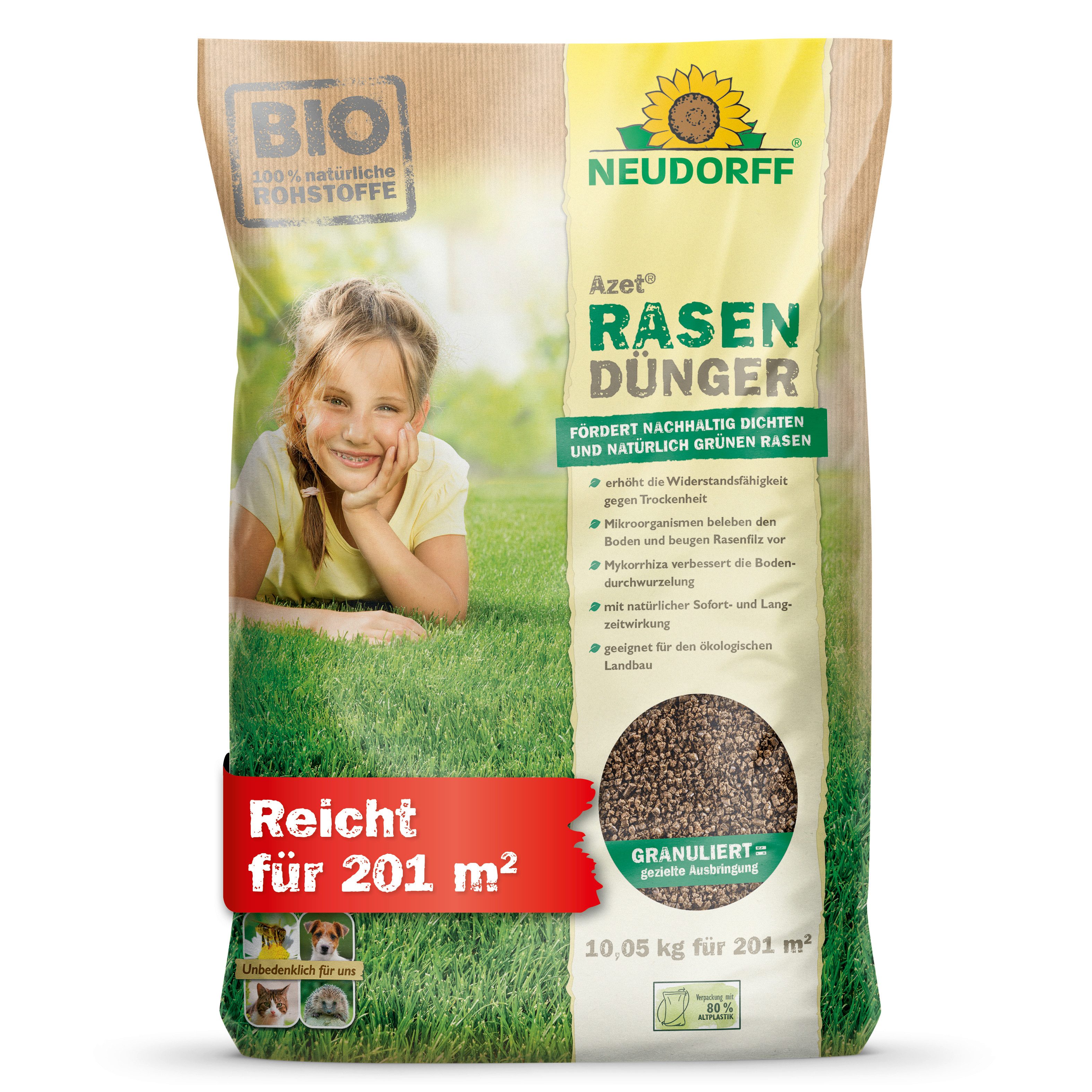Neudorff Rasendünger Neudorff Azet RasenDünger, Organischer NPK-Rasendünger mit Eisen, Mit Mikroorganismen & Mykorrhiza für bessere Nährstoffaufnahme, Mit Mikroorganismen & Mykorrhiza für Rasen und Boden