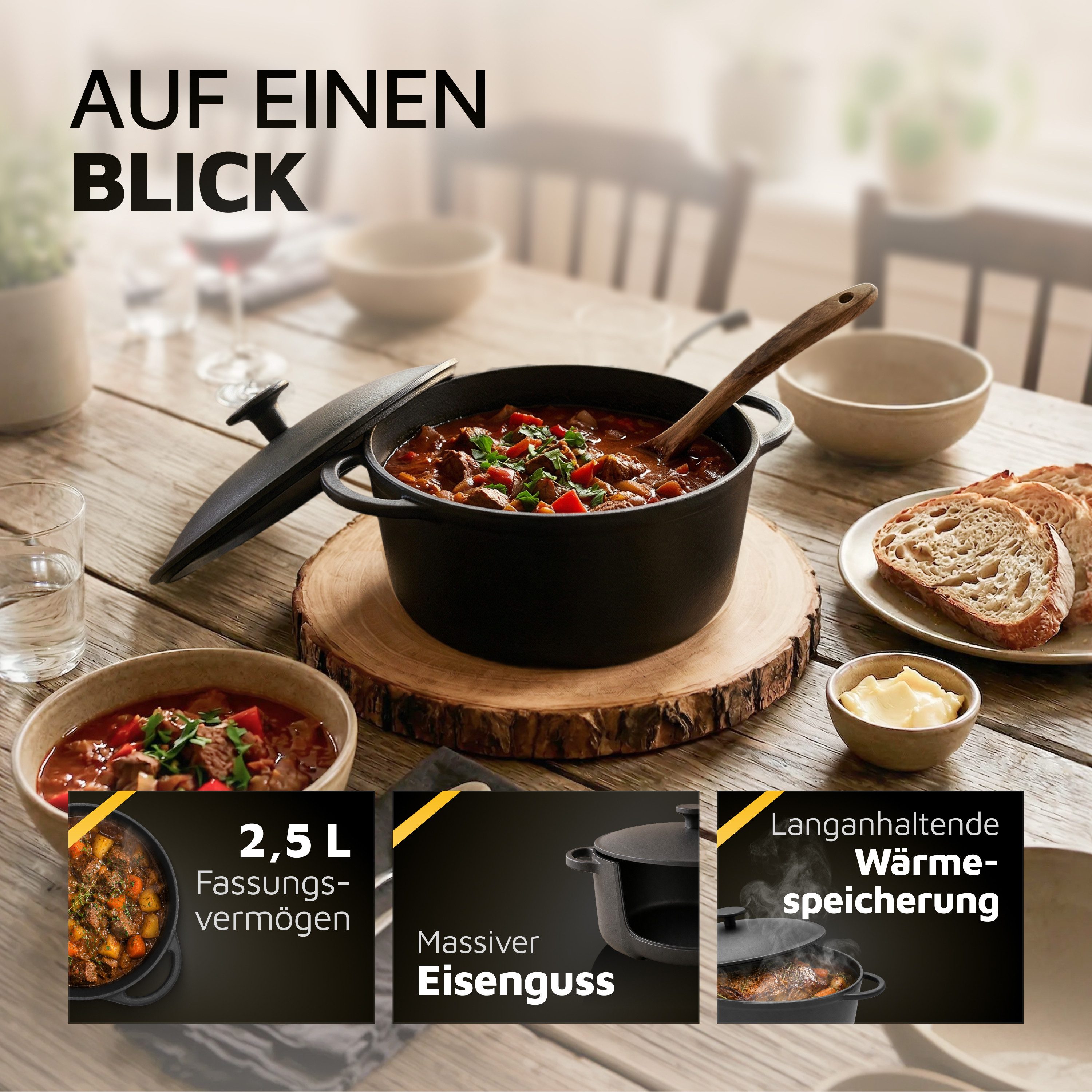 Krüger Fleischtopf Eisenguss Fleischtopf mit Deckel RUSTICA, Gusseisen (1-tlg), für Induktions-Kochfelder geeignet