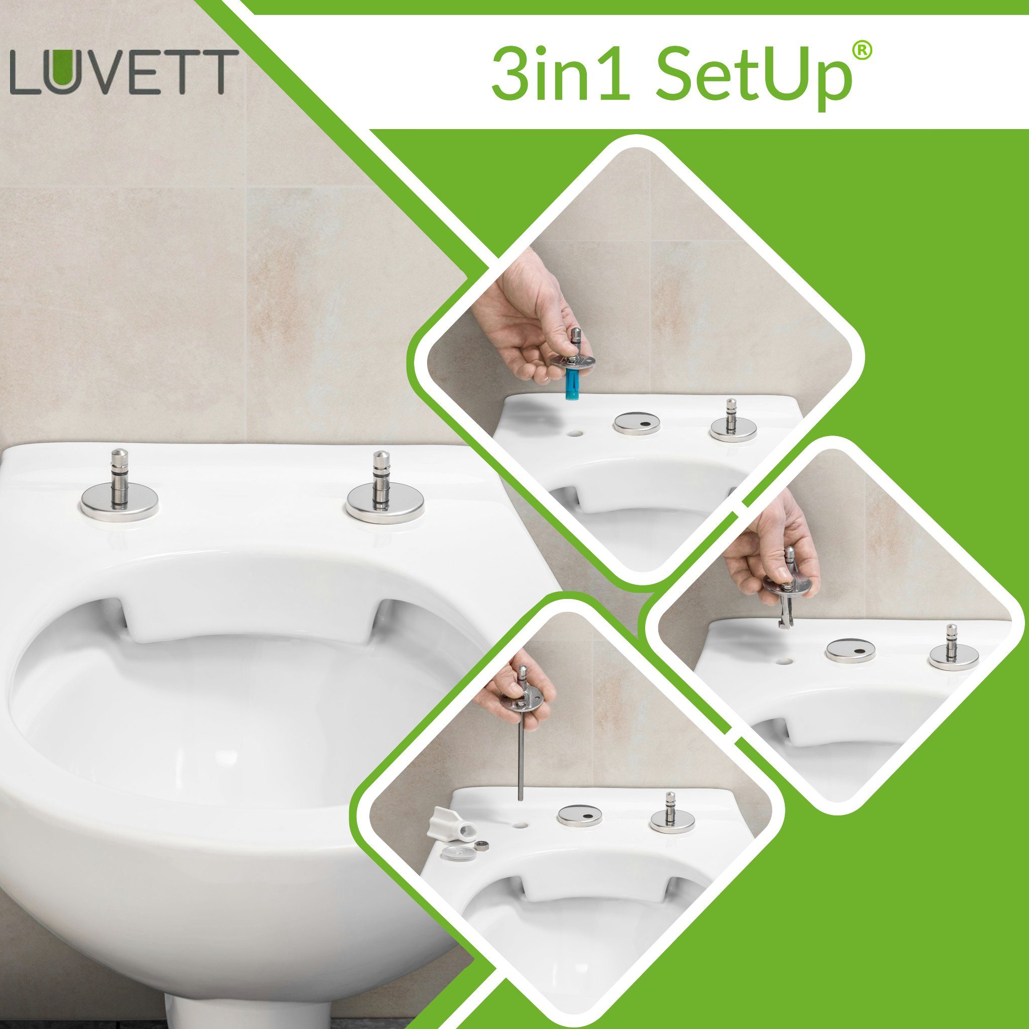 LUVETT WC-Sitz C100 mit Absenkautomatik, Duroplast sanitär, Universelle O-Form (Komplett-Set, Inklusive 3 Befestigungsarten), mit Original SoftClose® Absenkauto – Bild 5 von 5