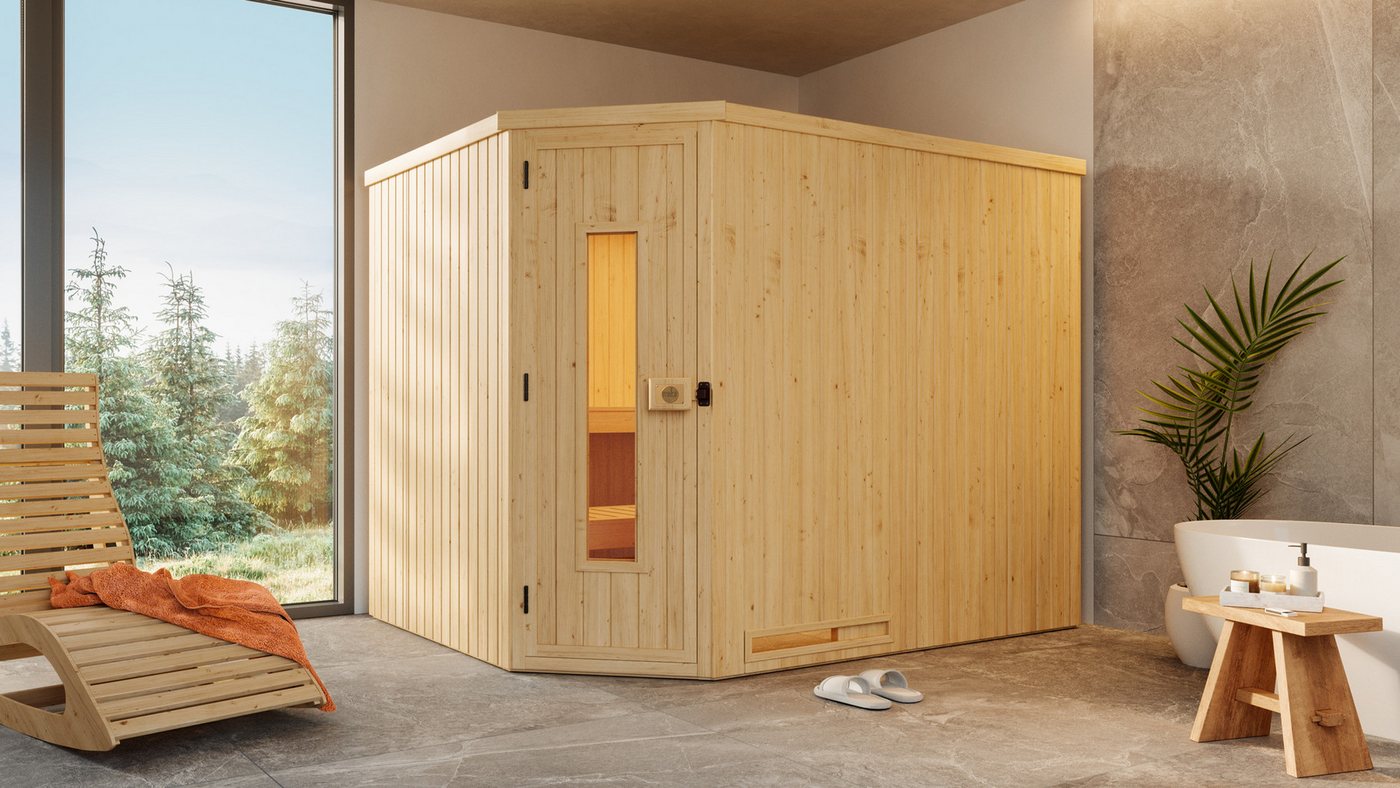 Thumbnail - weka Sauna Element-Ecksauna VARBERG 4, BxTxH: 244 x 194 x 199 cm, 68 mm, vorgefertigte Elemente, isolierte Holztür