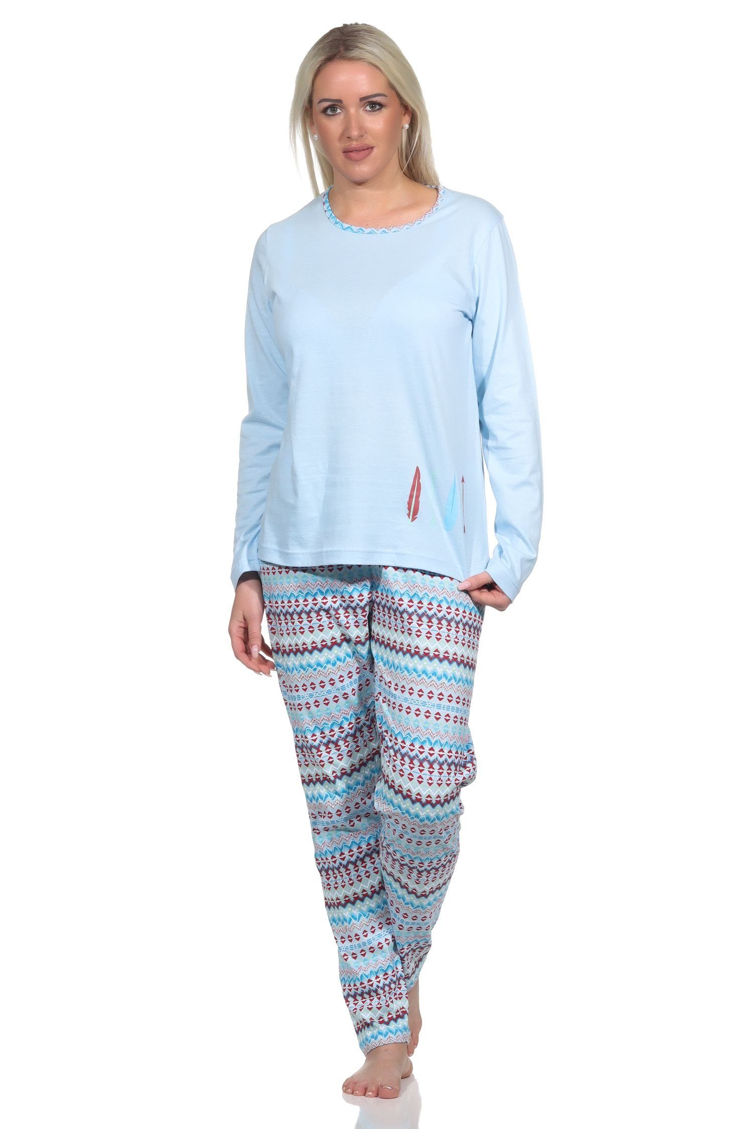 Normann Pyjama Wunderschöner Damen langarm Schlafanzug Pyjama in Ethno Look Optik hellblau