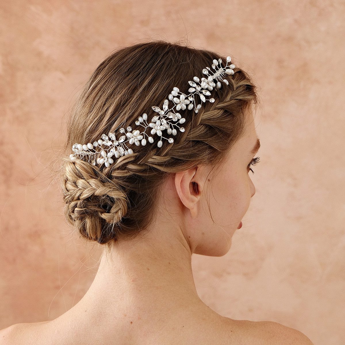 FOUORTUNATE-BEE Haargummi Braut Haarschmuck mit Kunstperlen – Handgefertigter Perlenkamm, Perlen- und Strass-Haarkamm für Hochsteckfrisuren & Hochzeiten