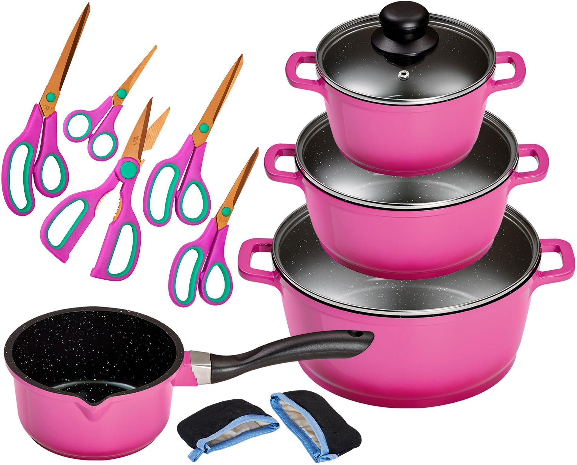 KING Topf-Set ALUGUSS, Aluminiumguss (Set, 14-tlg., je 1 Kochtopf 16/20/24 cm, 1 Stieltopf 16 cm, Scheren-Set, Grips), Glasdeckel,Induktion,Keramik-Antihaft-Beschichtung