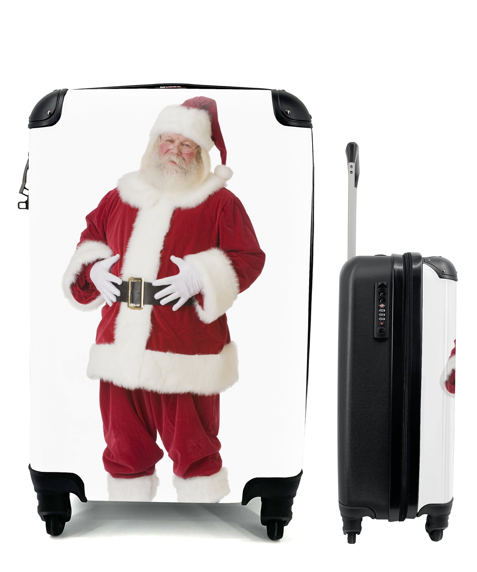 Handgepäckkoffer auf den Weihnachtsmann 4 Bauch, Der seinem Ferien, MuchoWow Handgepäck Reisetasche Händen Trolley, Reisekoffer mit für Rollen, rollen, mit