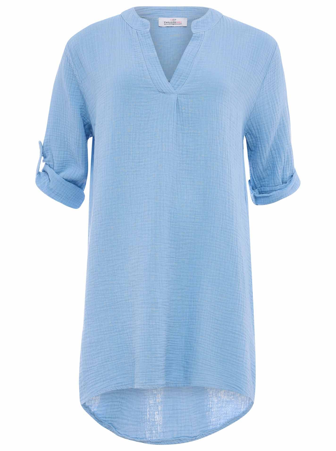 Zwillingsherz Schlupfbluse "Rom" verlängerte Rückenpartie, V-Neck, Turn-Up Ärmel, Musselin – Bild 2 von 5