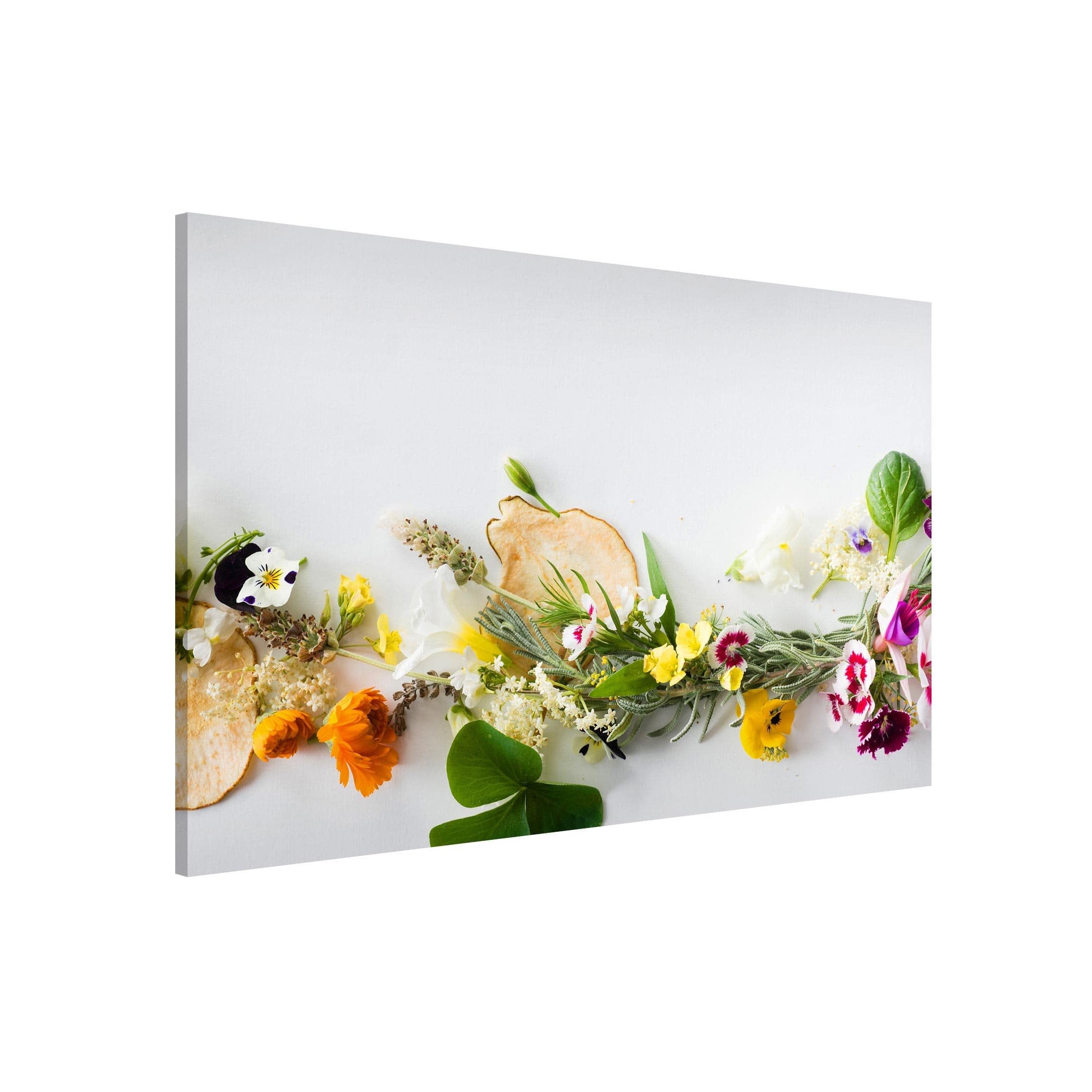 Bilderdepot24 Magnettafel Küche bunt Frische Kräuter mit Essblüten, (1-tlg., Magnetboard Pinnwand für die Wand - metallische Tafel für Magnete), Magnetwand groß mit Motiv modern Memoboard magnetisch Querformat