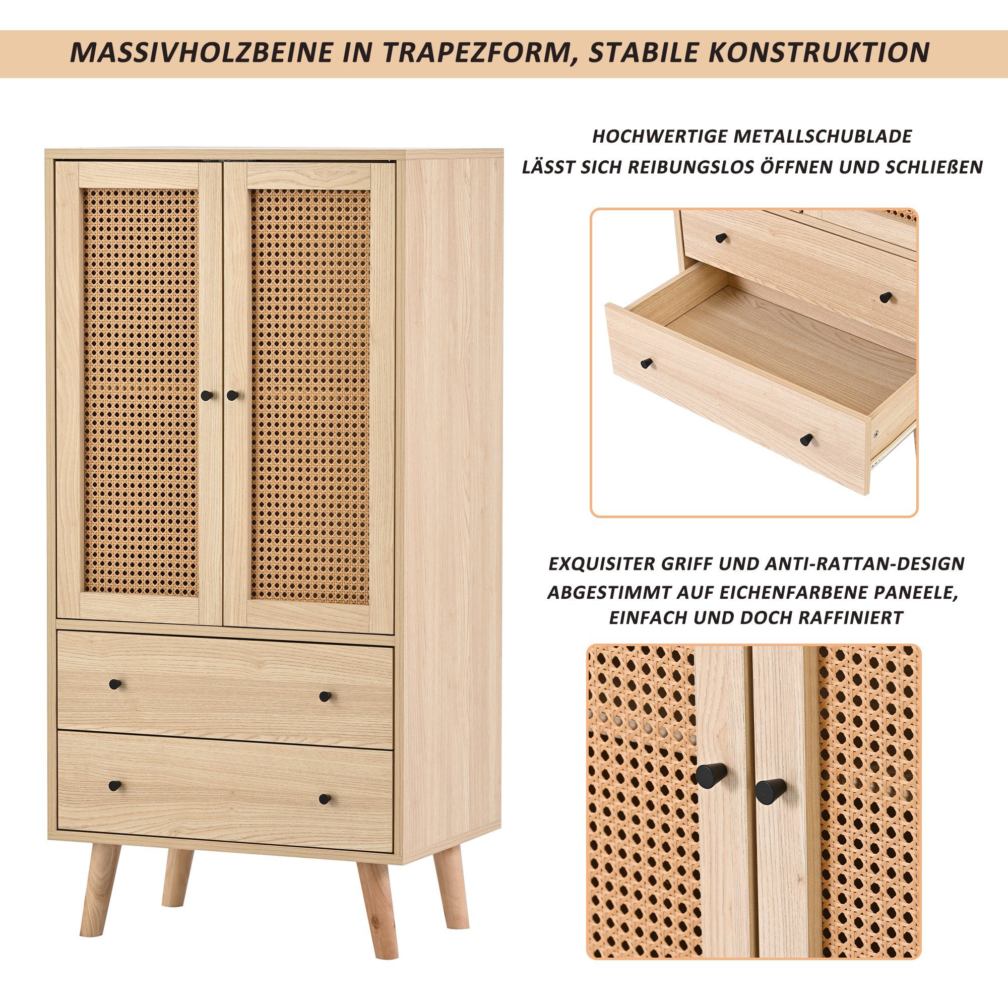 Flieks Kommode, Sideboard mit 2 Schubladen und 2 Türen Rattan 60x40x120cm
