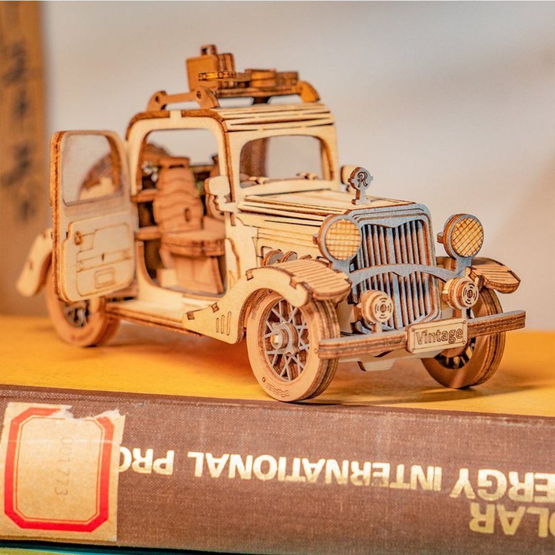 Vintage Puzzle Holzbausatz Selberbauen Puzzleteile, 3D-Puzzle Wooden ROLIFE TG504, 164 3D ROKR Rolife Car zum