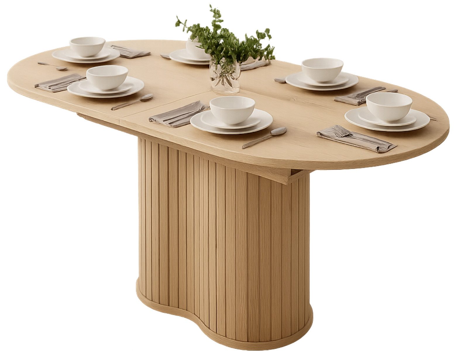 yourhouse24 Esstisch ausziehbarer Tisch MIZU 180-220 cm, Cremona Eiche, mit Lamellen (Besteht aus 1 Esstisch), Geriffelter Säulenfuß