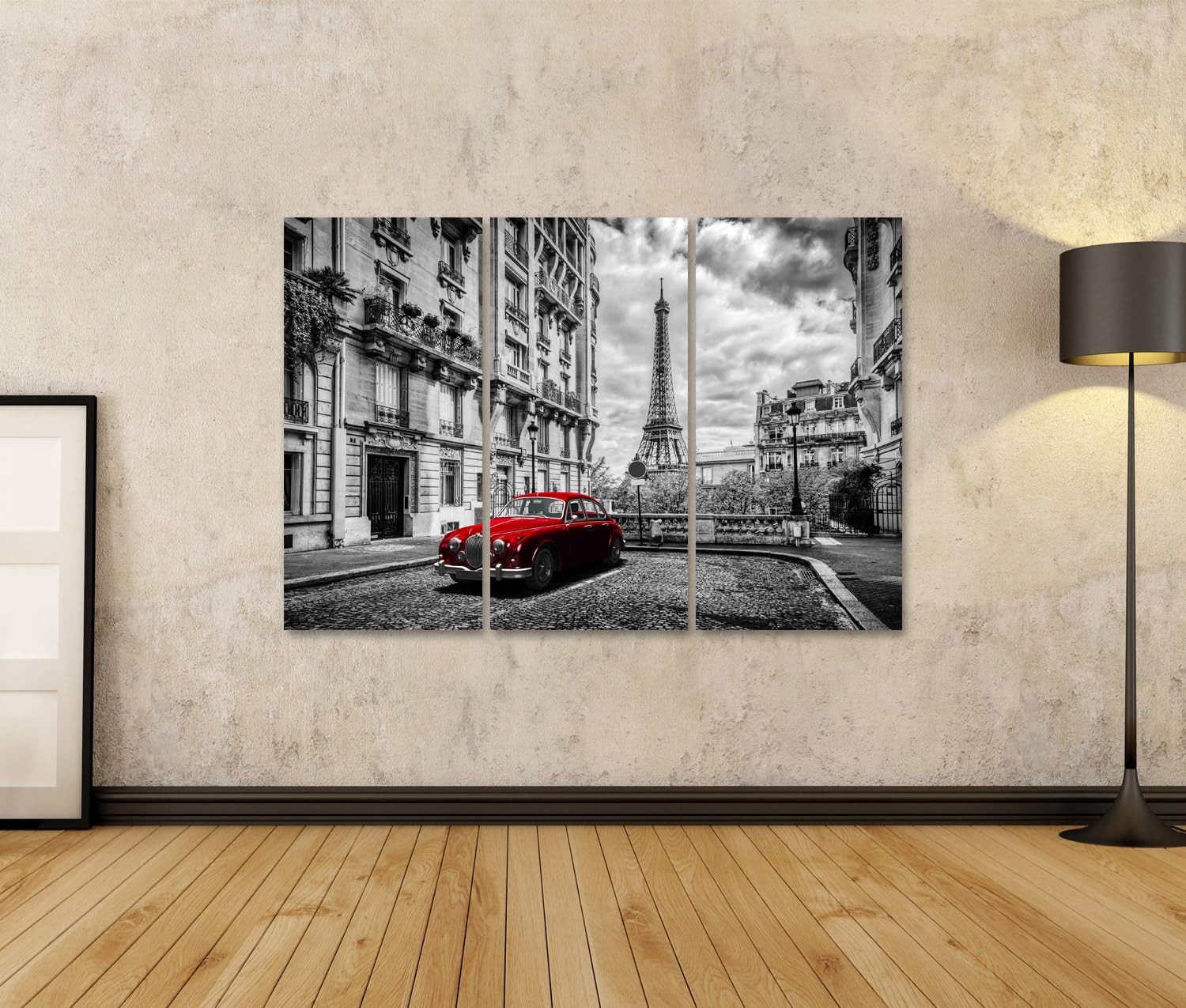 islandburner Leinwandbild Rotes Auto in Paris mit dem Eiffelturm im Hintergrund