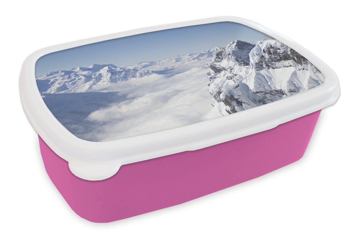 MuchoWow Lunchbox Alpen - Schnee - Berg, Kunststoff, (2-tlg), Brotbox für Erwachsene, Brotdose Kinder, Snackbox, Mädchen, Kunststoff rosa