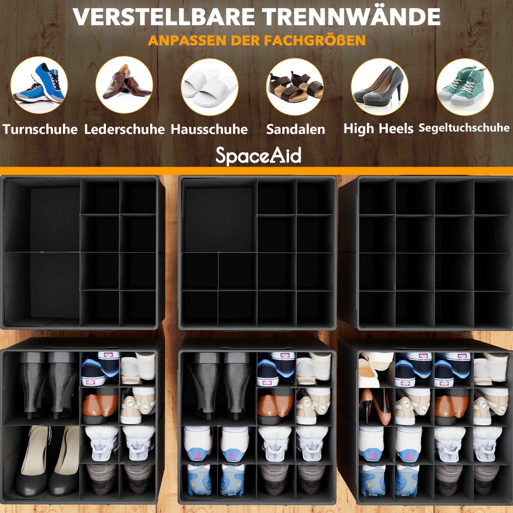 SpaceAid Schuhbox faltbare Schuh-Organizer (Körbe, Boxen mit verstellbaren Trennwänden, 2 St), Schuh-Organizer für 16–32 Paar