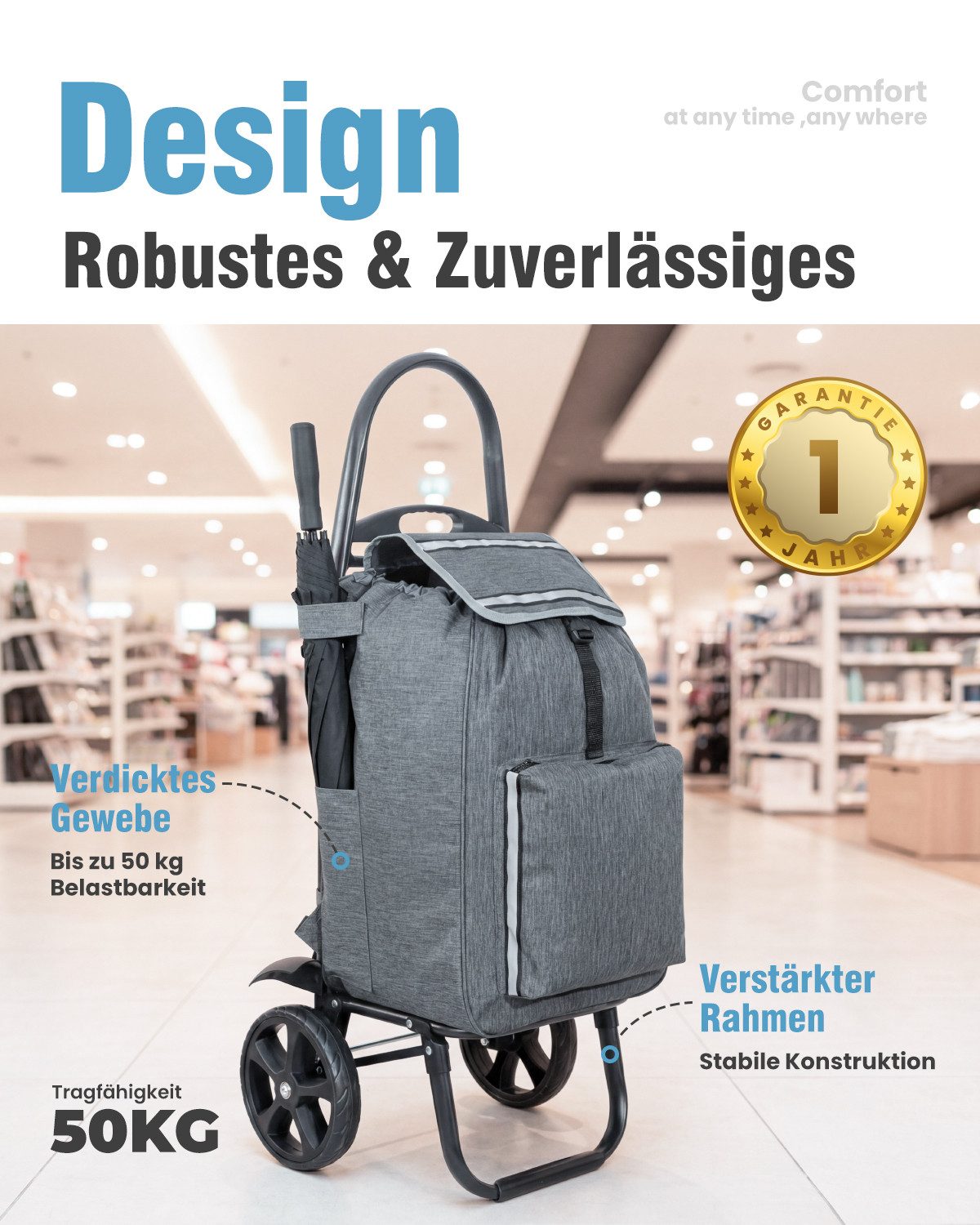 HOMECALL Einkaufstrolley klappbar Einkaufswagen 4-in-1 Utility Trolley Mit Kühltasche-58L, Shopping Trolley & Sackkarre für Supermarkt, Wochenmarkt, Reisen – Bild 3 von 5