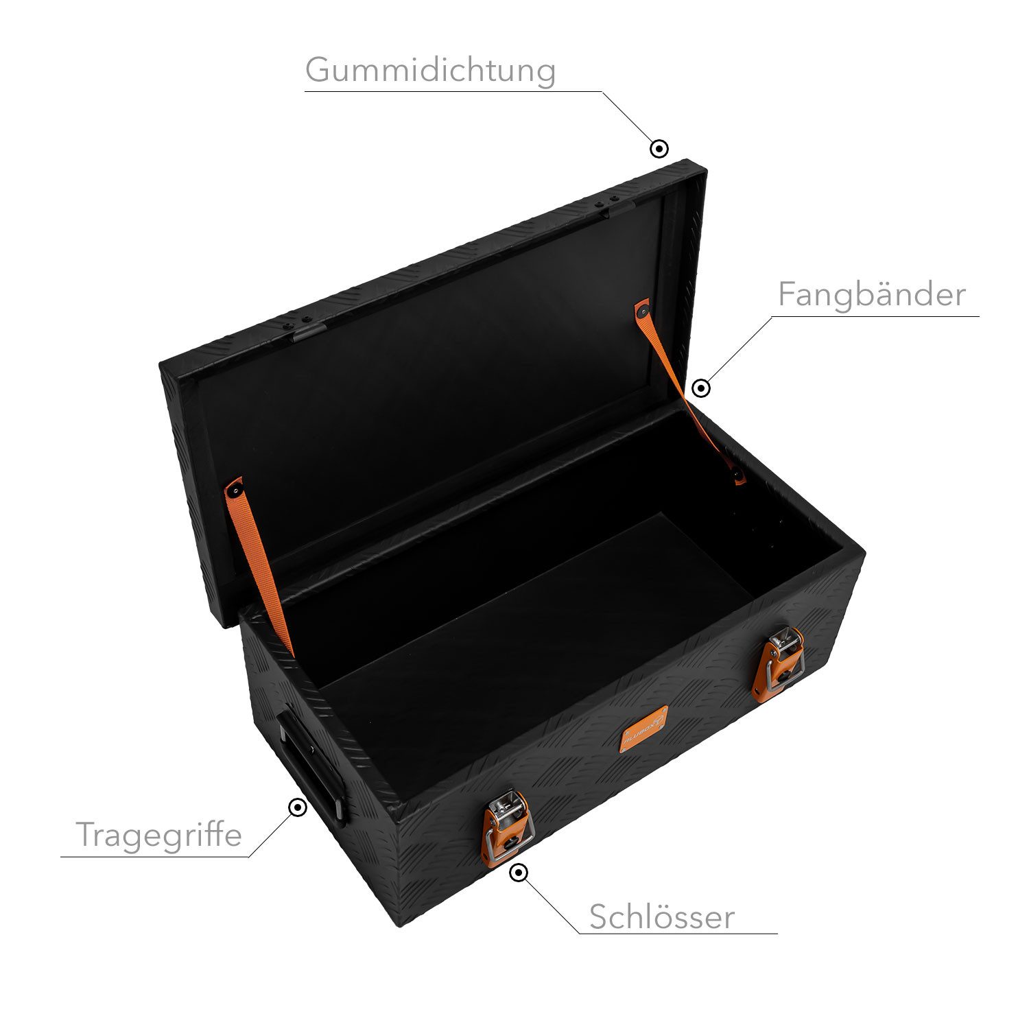 ALUBOX Aufbewahrungsbox Alukiste Outdoorkiste Riffelblech schwarz matt 1.5mm Stärke, Fangbänder im Deckel - umlaufende Dichtung im Deckel