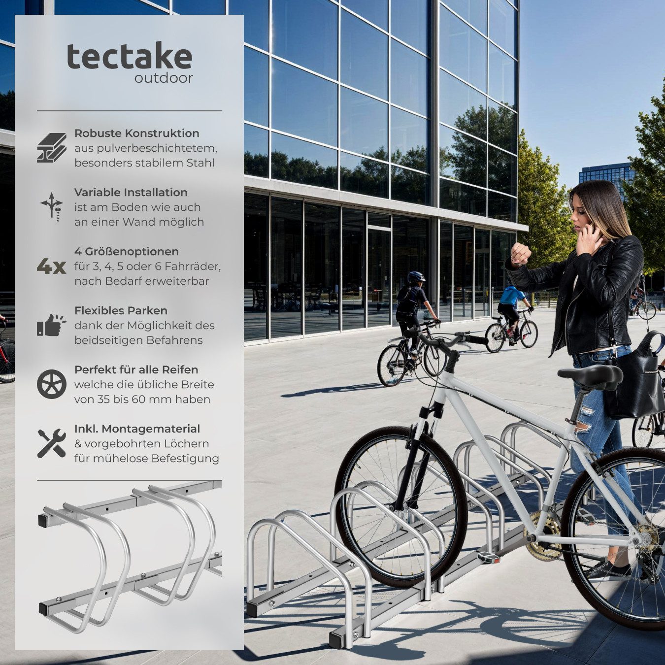 tectake Fahrradständer Fahrradbügel, von beiden Seiten befahrbar, aus rostfreiem Stahl (Fahrradhalterung, in silber), Für Reifenbreiten von 35 - 60 mm, Abstand von Rad zu Rad: 21 cm