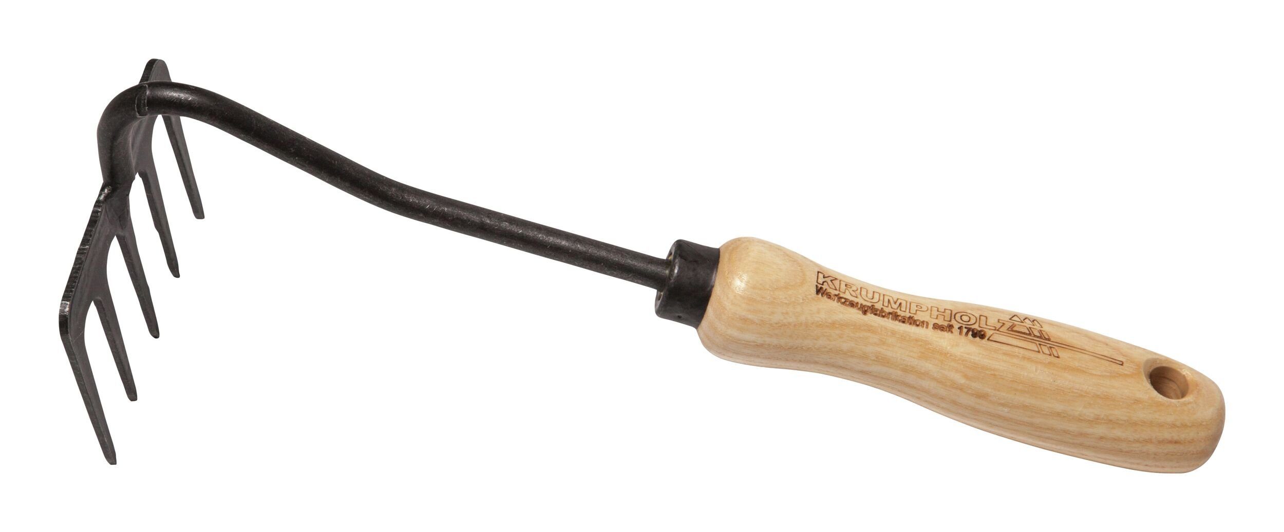Krumpholz Rechen, mit 14 cm langem Stiel, Handharke 5 Zinken mit Eschengriff
