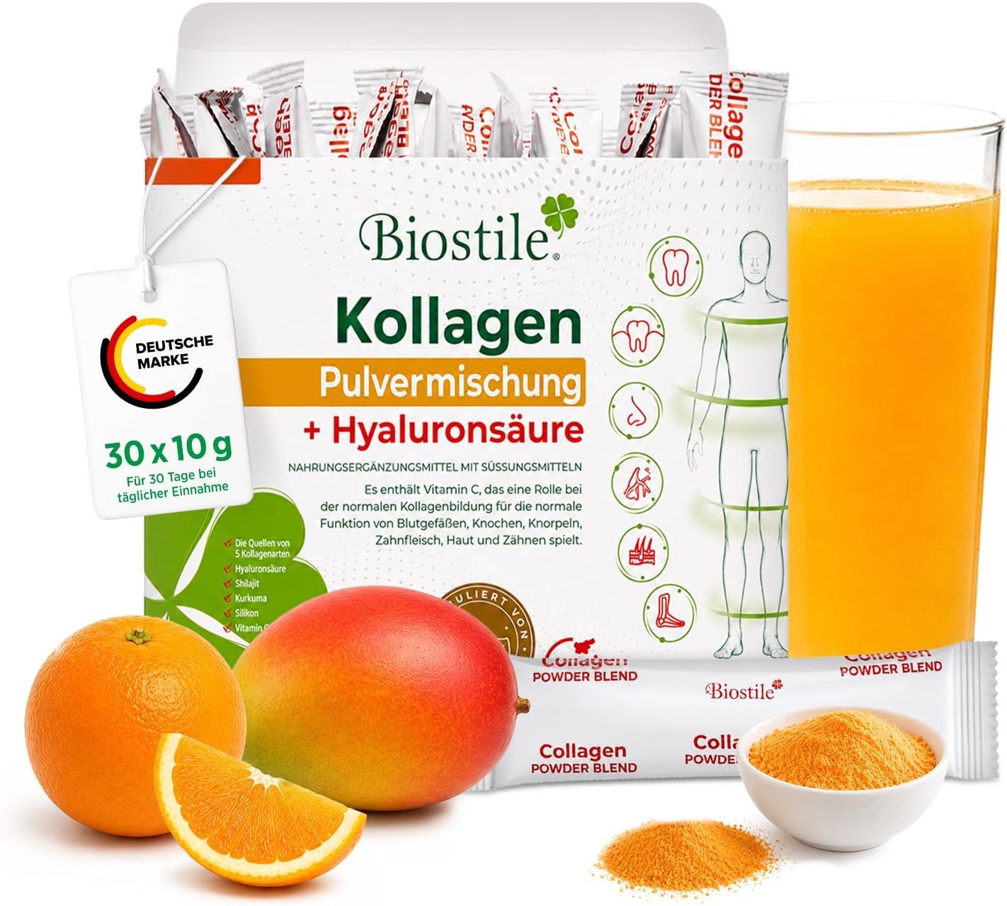 Biostile Premium Kollagen Pulver mit Hyaluron & 5Quellen für Haut Haare Nägel - Kollagenpulver, 300 g, 5 Kollagenquellen (Kollagen Typ 1,2,3), Vitamin C, Shilajit, 30 Beutel