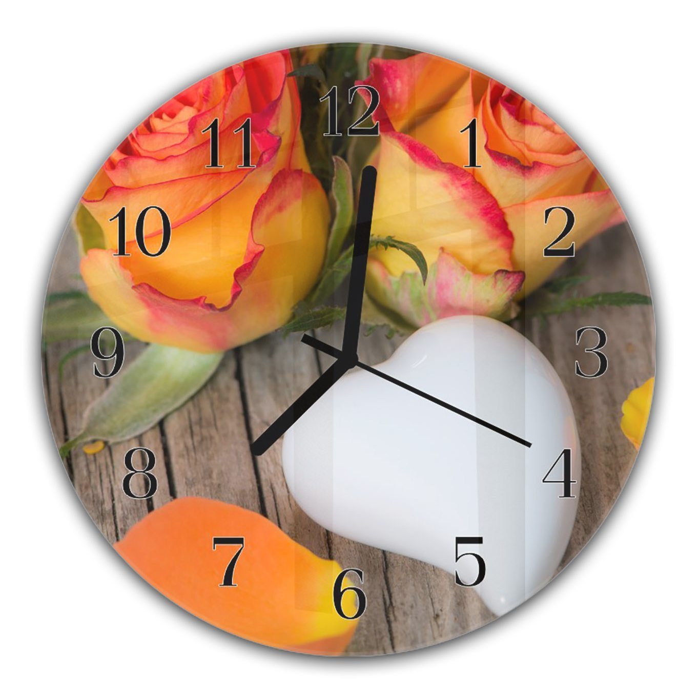 Motiv Wanduhr cm Glas Durchmesser mit Primedeco mit Quarzuhrwerk mit Wanduhr - 30 und Rund Rosen aus Herz