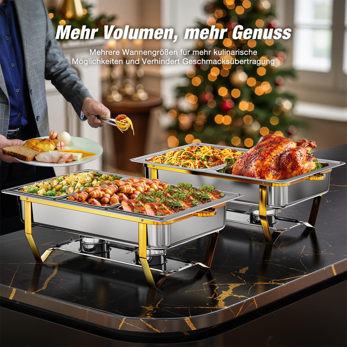 Warmounts Speisenwärmer 8QT, (2-tlg., Edelstahl 7,57L), Chafing Dish Speisenwärmer, 1x GN 1/2 + 1x GN 1/3 Behälter, Edelstahl