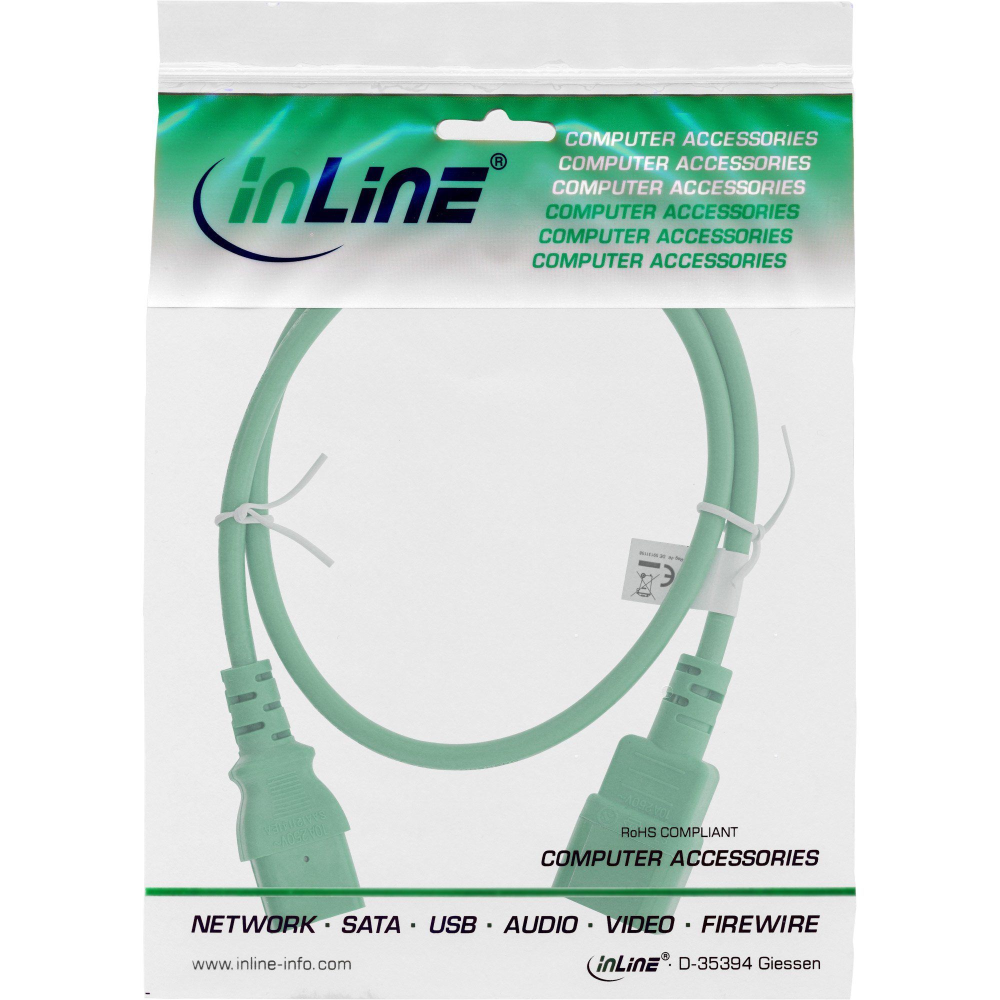 Kaltgeräteverlängerung, AG ELECTRONIC Stromkabel 0,5m auf C13 InLine® INTOS grün, C14,