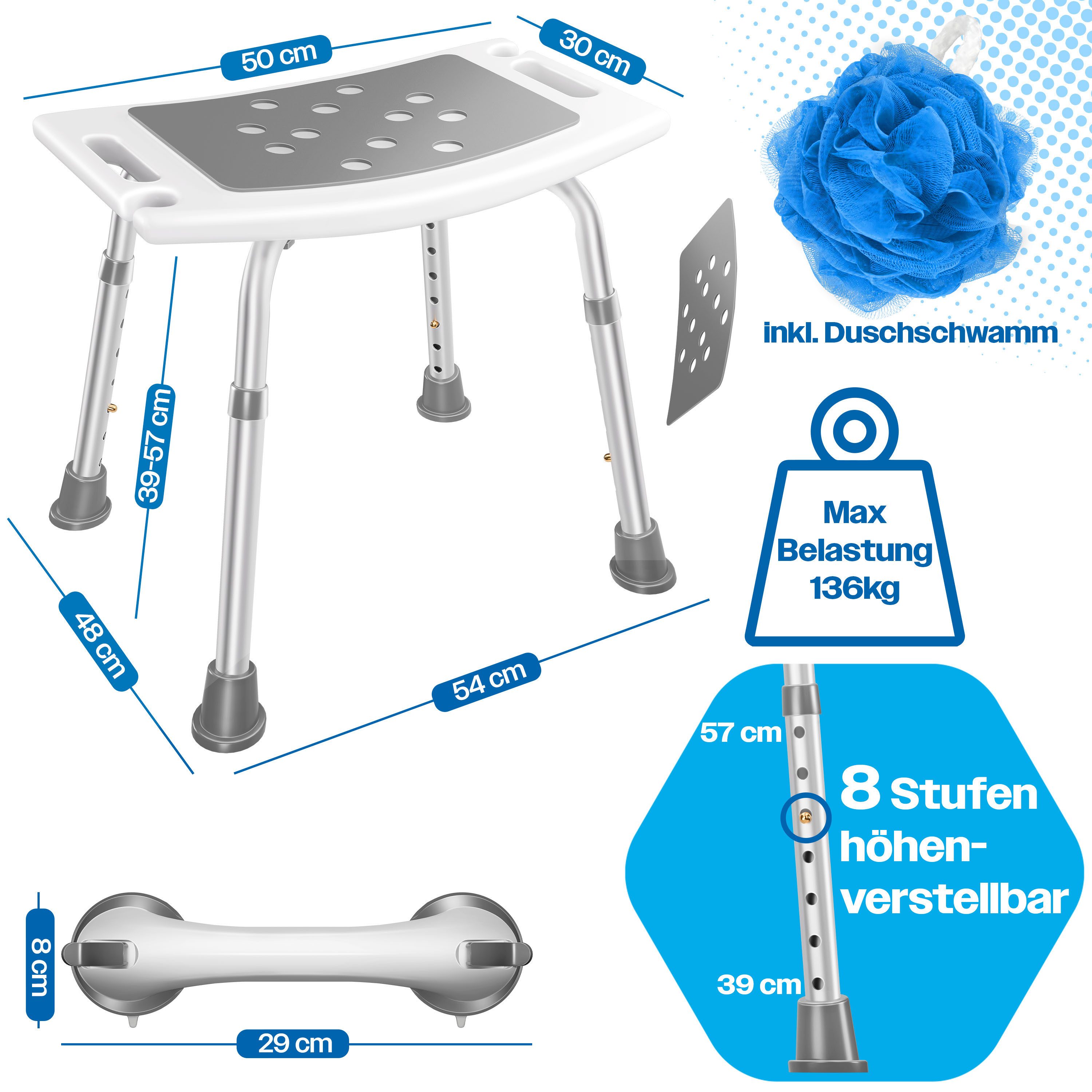 KESSER Badhocker Duschhocker höhenverstellbar & bis 136kg belastbar, Duschhilfe für Senioren, rutschfester Duschstuhl mit Zubehör – Bild 4 von 5