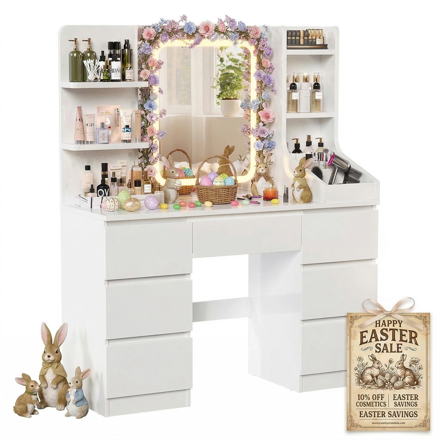 HOMALL Schminktisch Schminktisch Spiegel und LED Mit 7 Schubladen 8 Ablagefächern ostern (GroBe: 110 40*139 cm Einstellbare drei Farbtemperaturen, um thr perfektes Make-up zu prasentieren ostern geschenke)