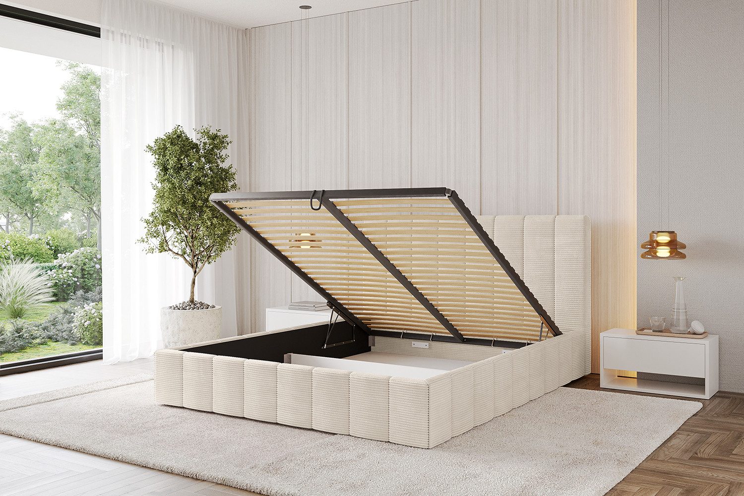ALTDECOR Polsterbett FINO (Polsterbett mit Bettkasten und Lattenrost, Boxbett mit Matratze), Doppelbett mit Stauraum, Bett mit Kopfteil