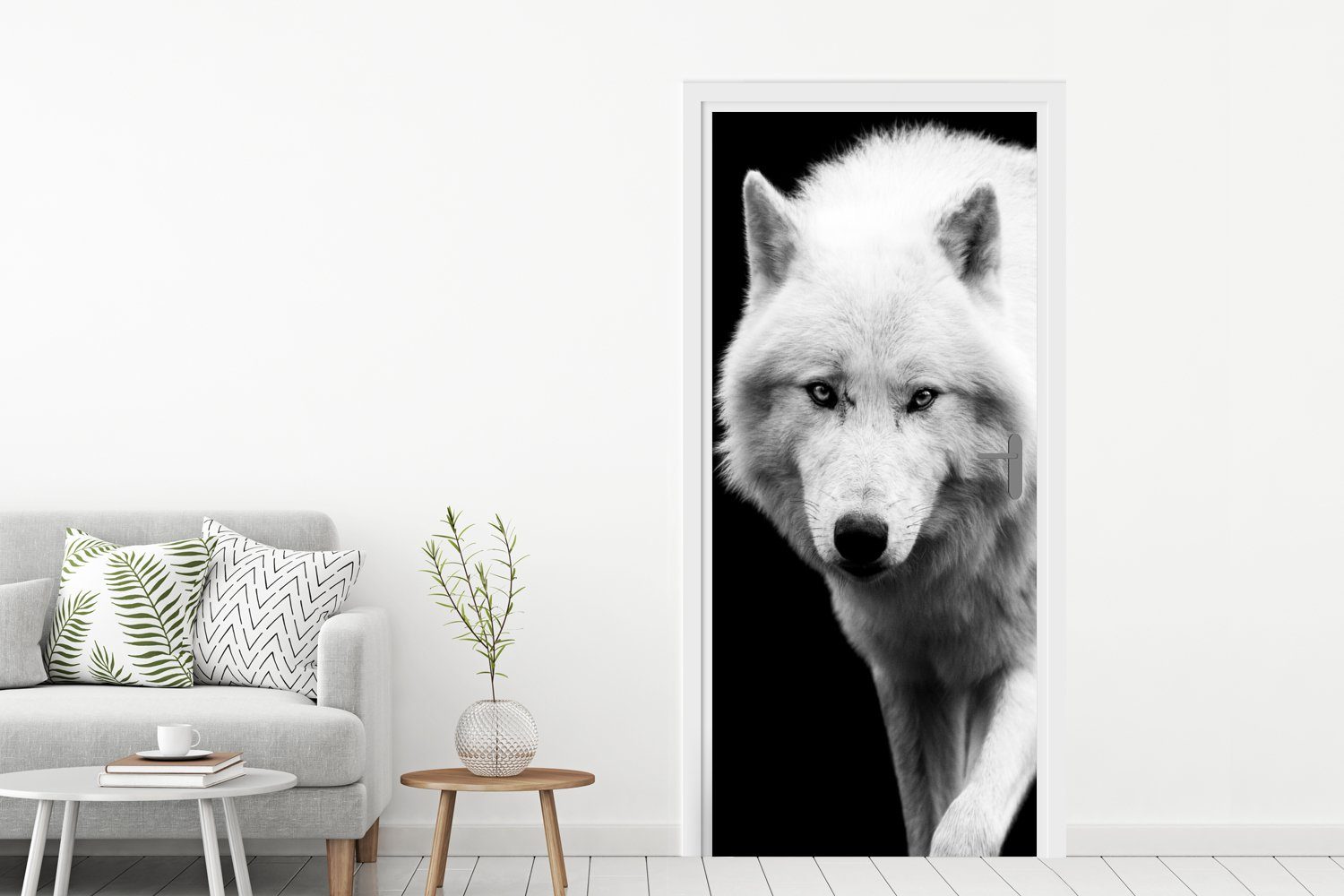 Tier (1 Tür, Schwarz MuchoWow Matt, Türtapete cm Weiß, für bedruckt, Fototapete Wolf - St), 75x205 Türaufkleber, - -