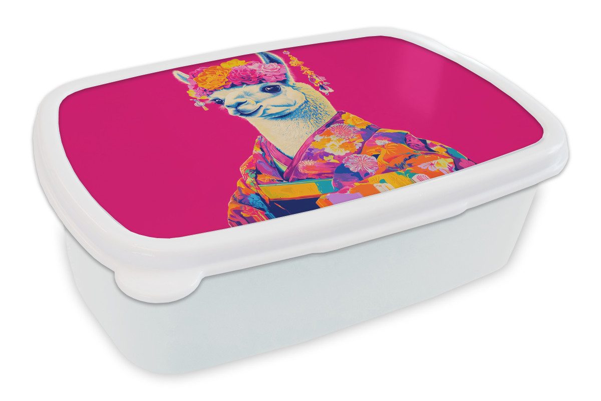 MuchoWow Lunchbox Lama - Kimono - Blumenkranz - Hellrosa, Kunststoff, (2-tlg), Brotdose Schule oder Arbeit, Brotbox für Kinder und Erwachsene