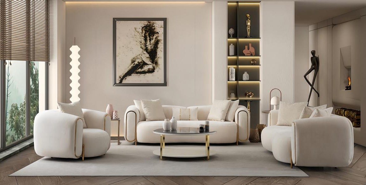 Xlmoebel Polstergarnitur Elegantes Creme-Beige Sofa Set – Moderne Designer Couchgarnitur, (Polstergarnitur, 4-tlg., 3-Sitzer + 2 Sessel + Couchtisch), Made in Europa
