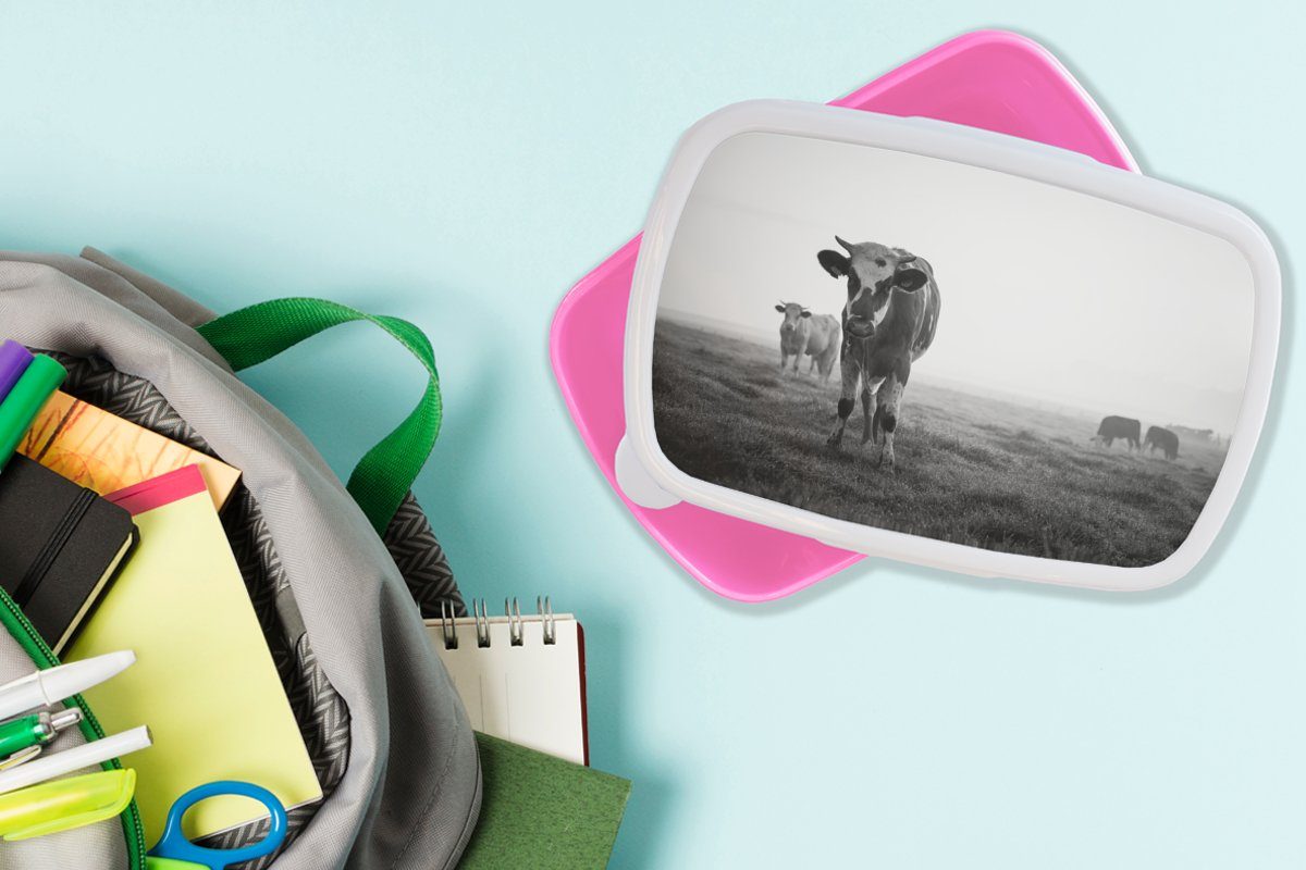 Kunststoff Mädchen, Kühe Foto, Kunststoff, MuchoWow rosa Snackbox, schwarz-weiß (2-tlg), Erwachsene, Brotdose Brotbox Morgennebel im für Lunchbox Kinder,