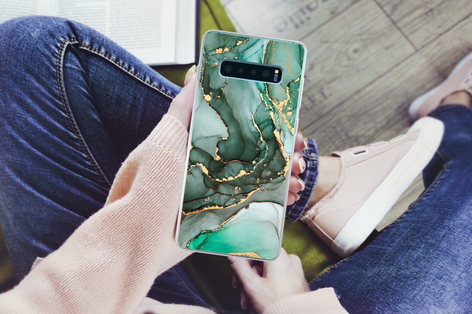 MuchoWow Handyhülle für Samsung Galaxy S10 Plus Gold - Marmor - Grün - Luxus - Marmoroptik, Phone Case, Silikon, Schutzhülle Dünn