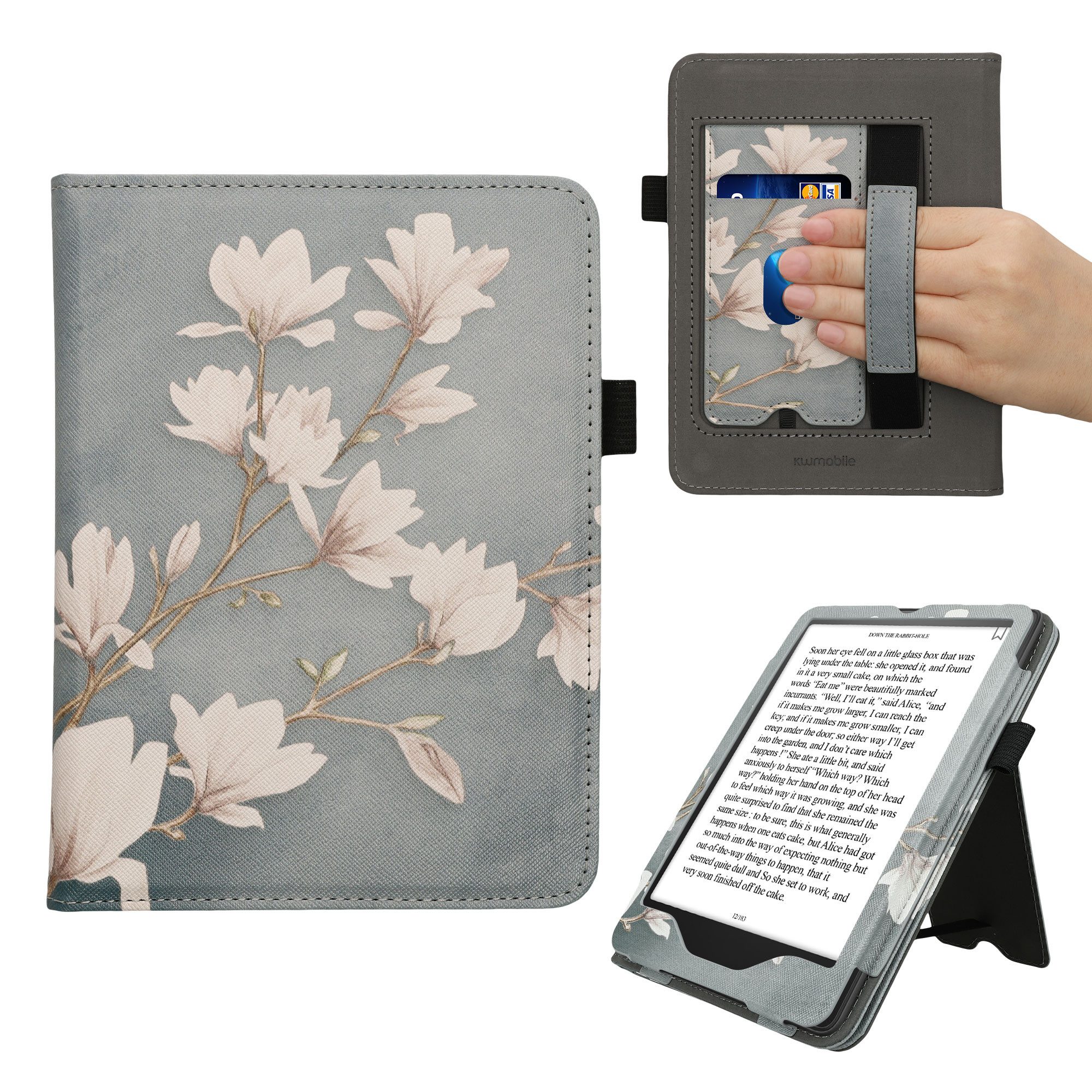 kwmobile E-Reader-Hülle Flip Schutzhülle für Amazon Kindle Paperwhite (2024)/Colorsoft, Handschlaufe - Cover Magnolien Design