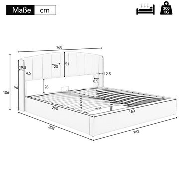 BlingBin Polsterbett hydraulisches Bett (160*200cm, ohne Matratze), goldgerandetes Ohrendesign, Bettkasten zur Aufbewahrung, PU