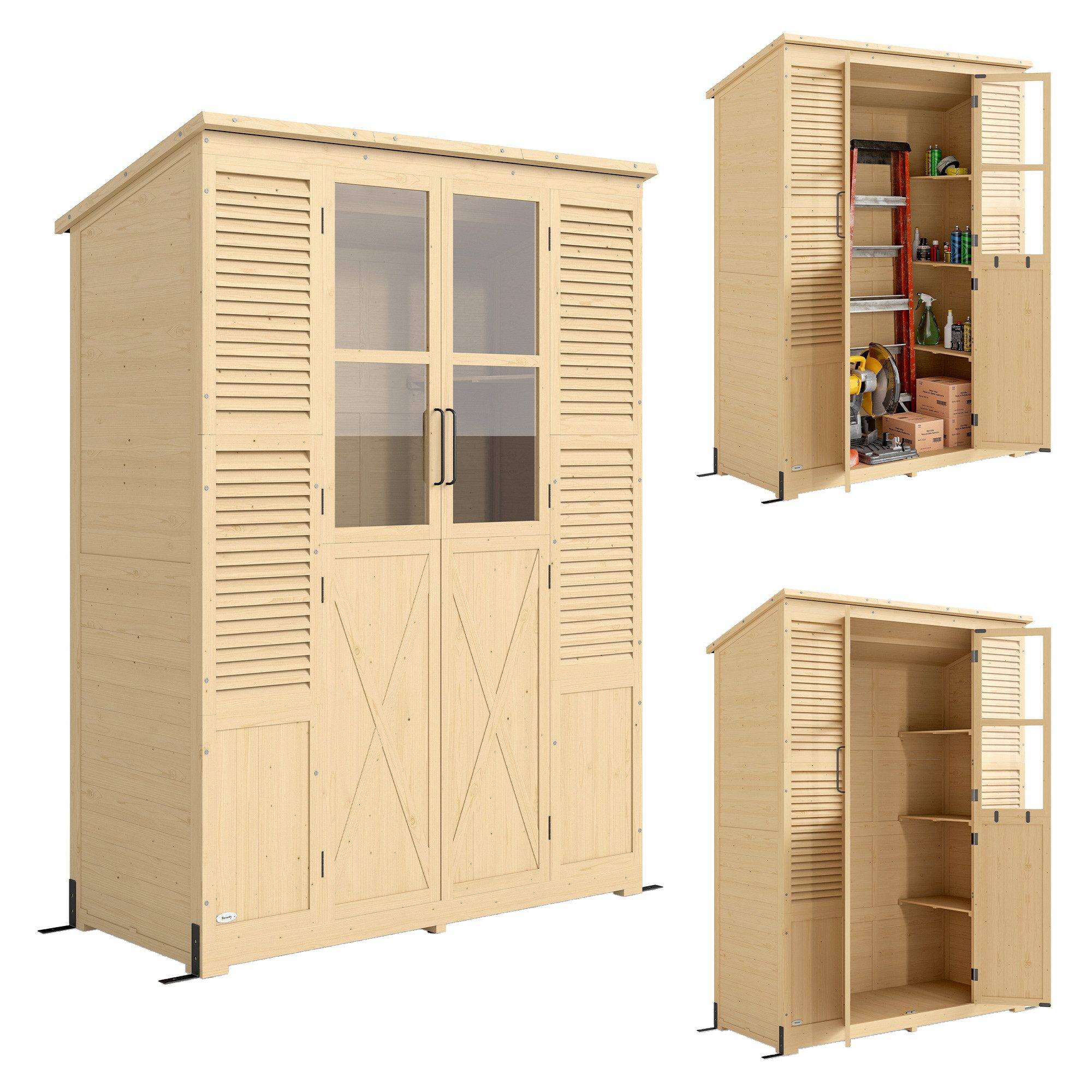 Outsunny Gerätehaus Gartenschrank Geräteschuppen mit Ablage Acrylfenstern, BxT: 147x68 cm, (Gartenschrank, 3 St., Geräteschuppen), begehbar, Naturholz