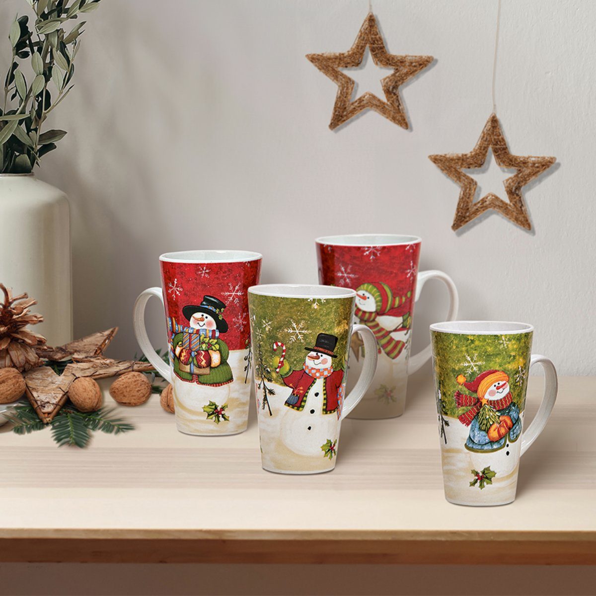 matches21 HOME & HOBBY Tasse Grosse XXL Weihnachtstassen 4er Set Schneemänner amerikanisch, 4-tlg., Keramik, Tee Kaffee-Becher, modern Vintage, rot grün bunt, 500 ml
