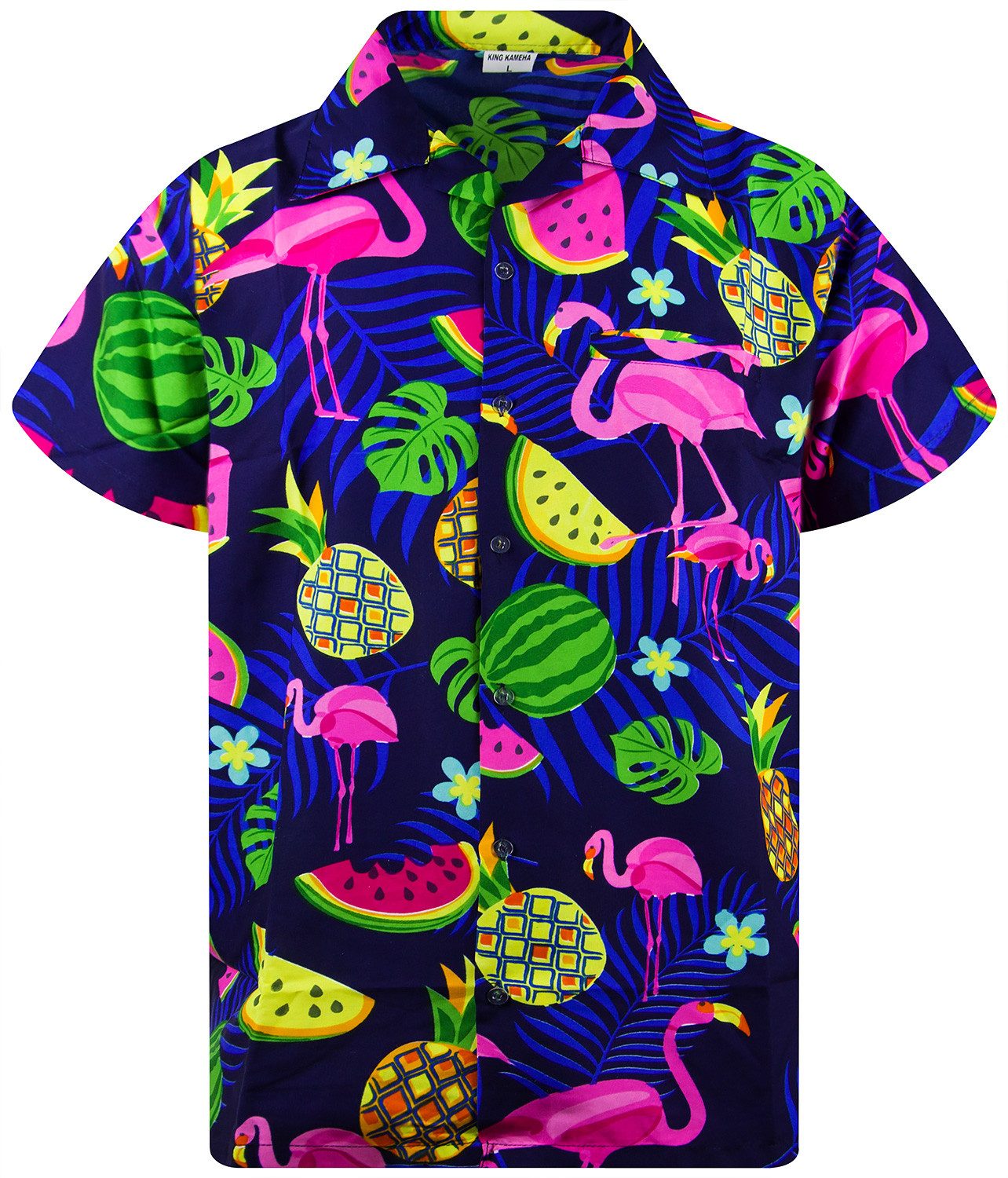Hawaiihemd Flamingo Melone Funky Hawaii-Hemd Kurzarm Front-Tasche Stylish Unisex