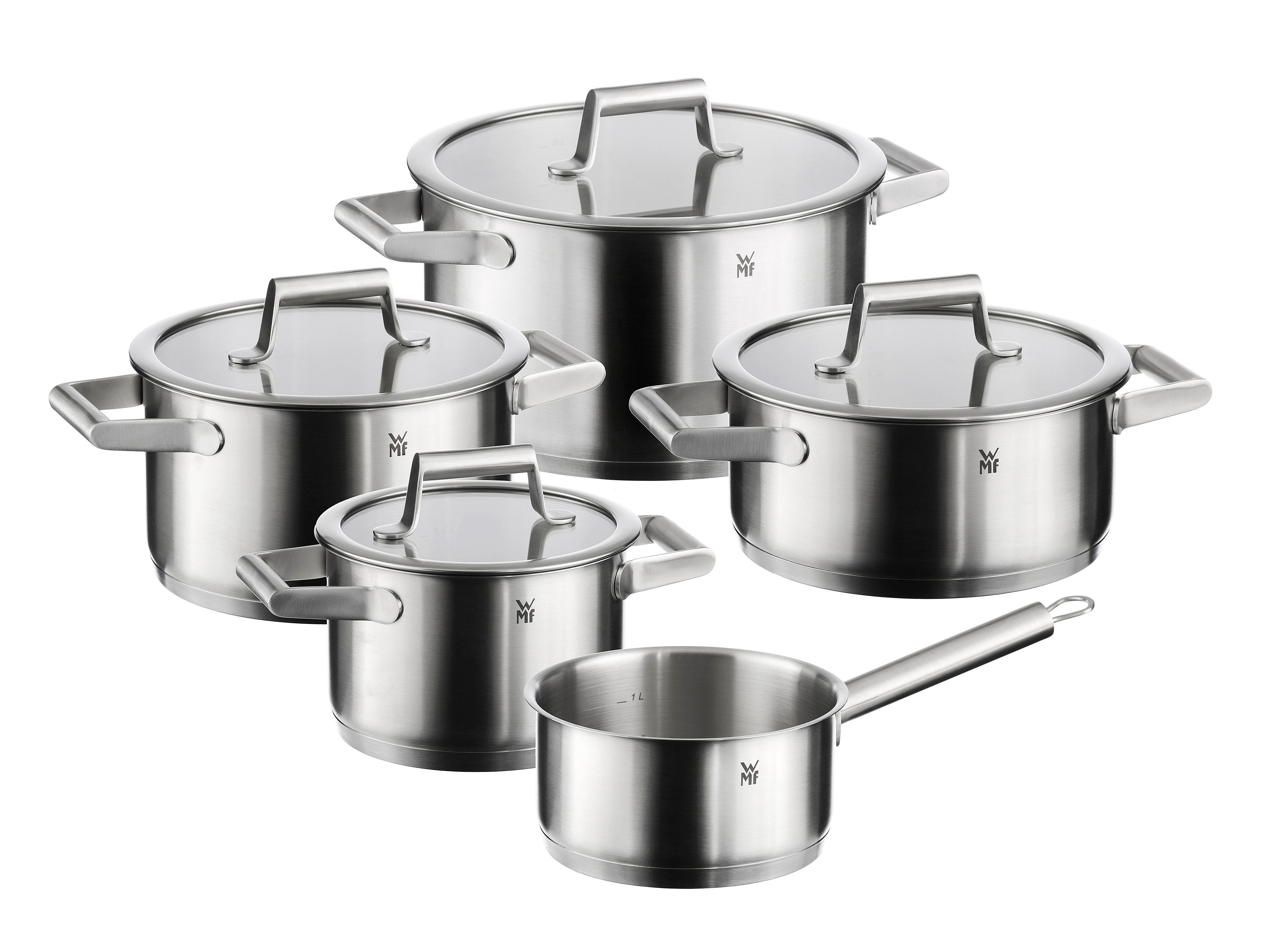WMF Topf-Set Comfort Line Induktion, Kochtopf Set mit Glasdeckel, mattiert, Cromargan® Edelstahl Rostfrei 18/10 (Set, 5-tlg., 3x Fleischtopf Ø /16/20/24cm, 1 Bratentopf Ø 20cm, 1 Kasserolle Ø16 cm), Töpfe Set stapelbar, für alle Herdarten geeignet, mit Innenskalierung