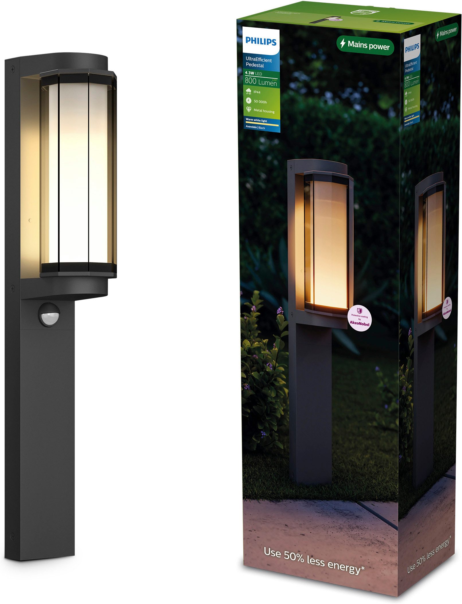 Philips Außen-Stehlampe Avendale ultraeffiziente LED Sockelleuchte, schwarz, LED fest integriert, Warmweiß, 800 lm, 2700 K Warmweiß, IP44, PowerShield-Beschichtung