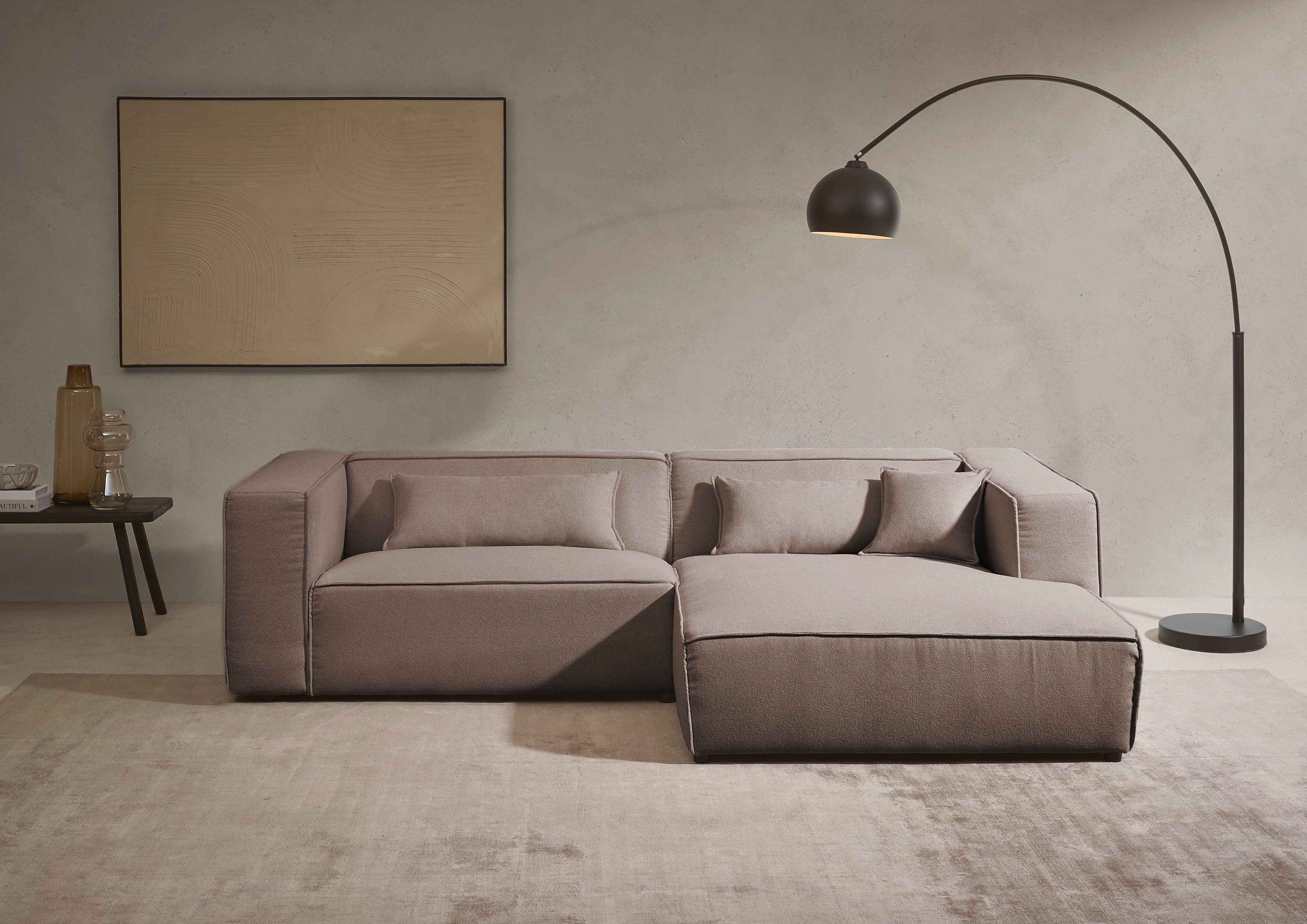 LeGer Home by Lena Gercke Ecksofa PIARA Struktur u. Leinenoptik mit Kedernaht L-Form, wahlweise Ottomane rechts/links, schwarze Füße, bequemer Sitzkomfort
