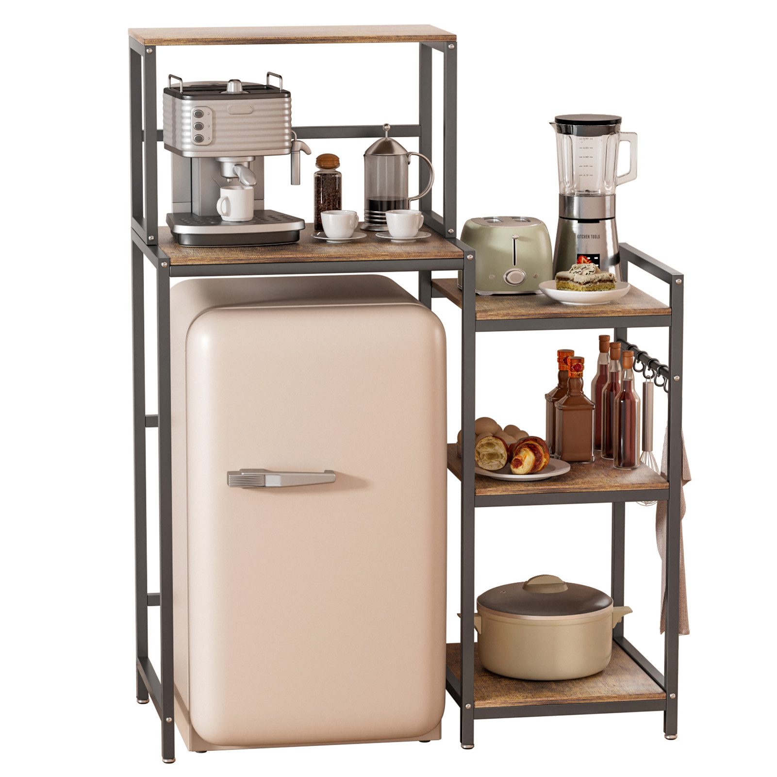 Rutaqian Standregal Mini Kühlschrank Regal, Mini Fridge Stand with Storage Microwave Stand, Kühlschrankregal 5 Ebenen, Over Fridge Storage aus Stahl und Holz