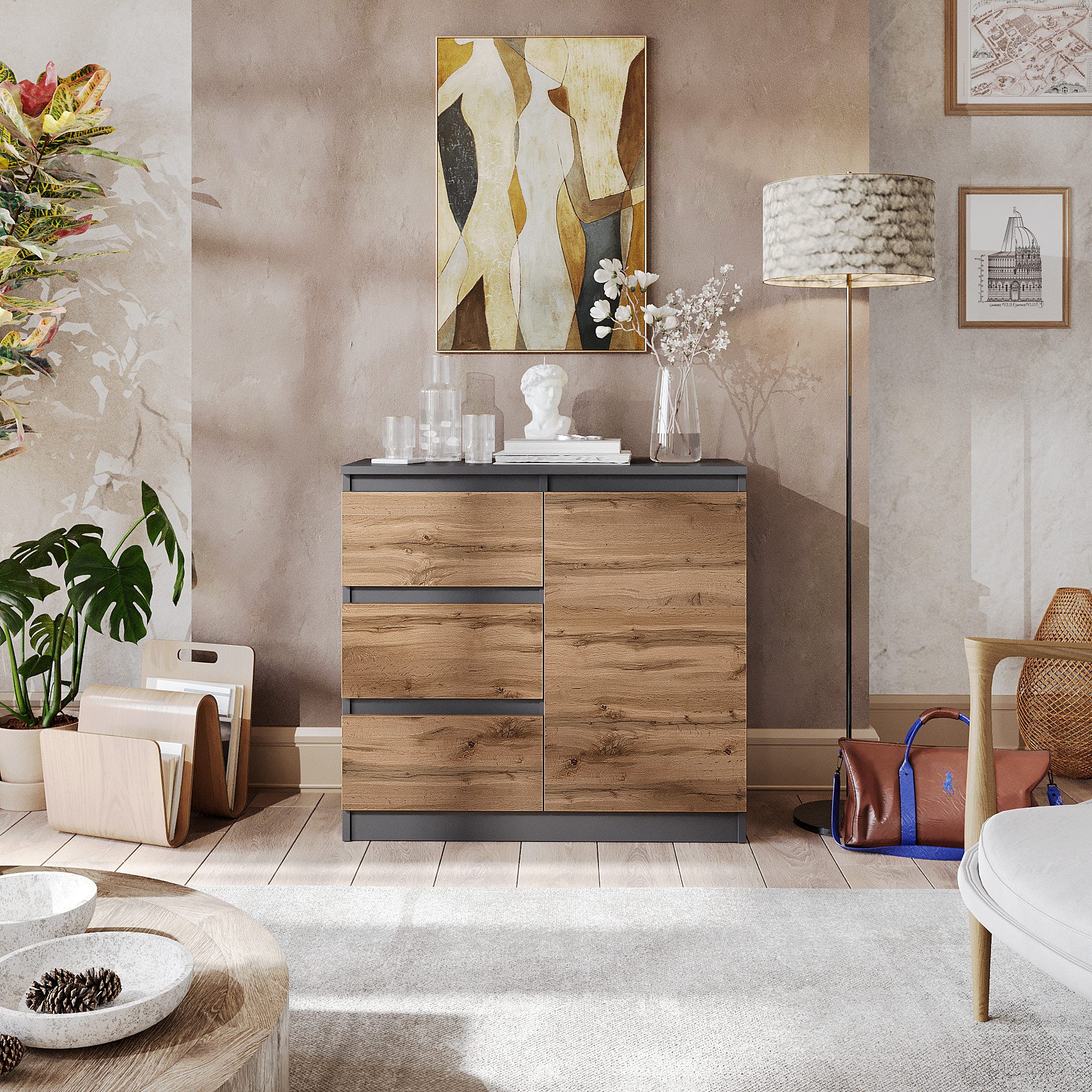 Furnica Kommode Anthrazit 80 cm mit 3 Schubladen und 1 Tür- Wohn - und Schlafzimmer – Bild 5 von 5