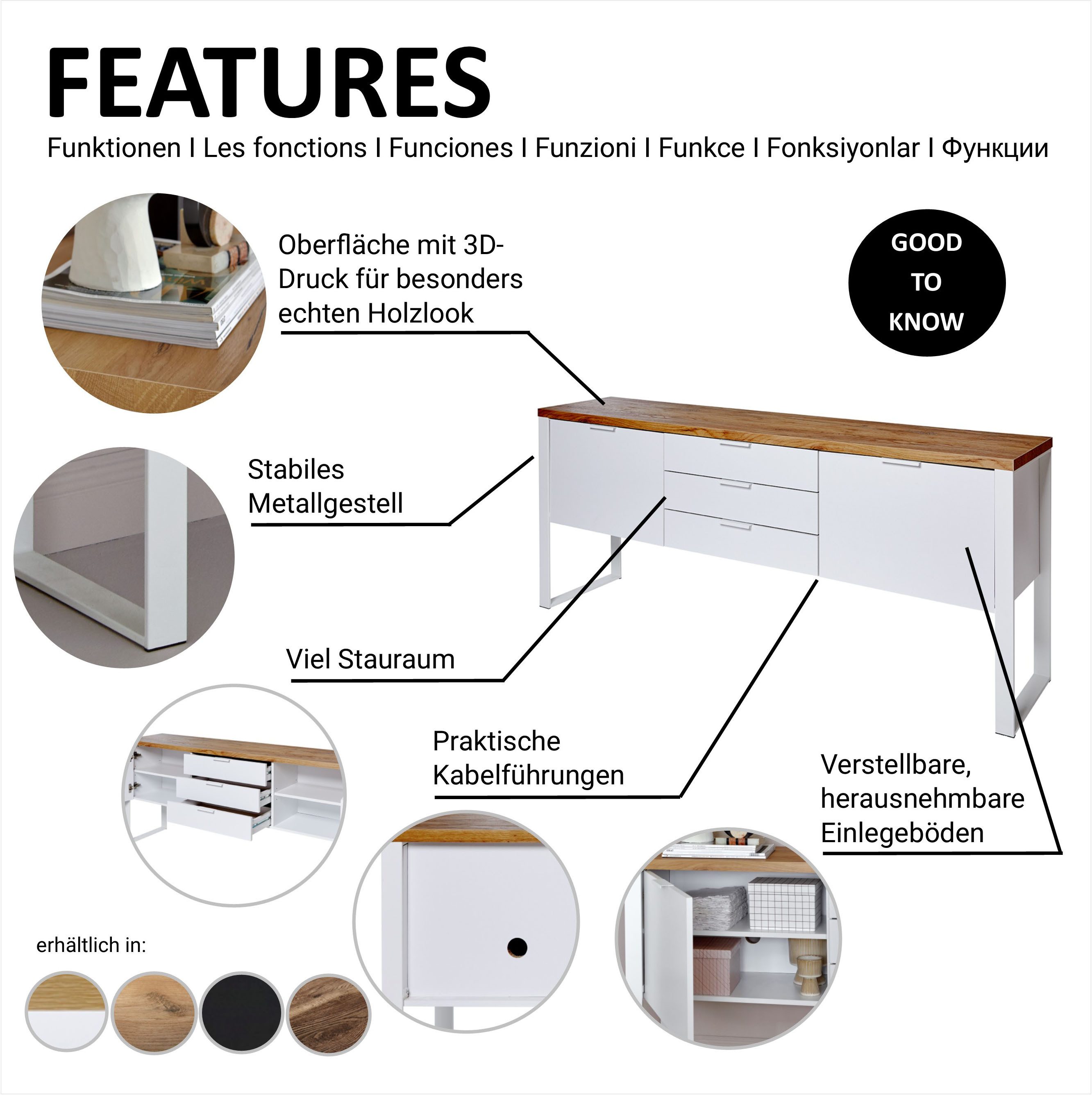 Jahnke Sideboard LOOP SB 180, Sideboard,2 Türen + 3 Schubladen, Metallrahmen, Breite 180 cm