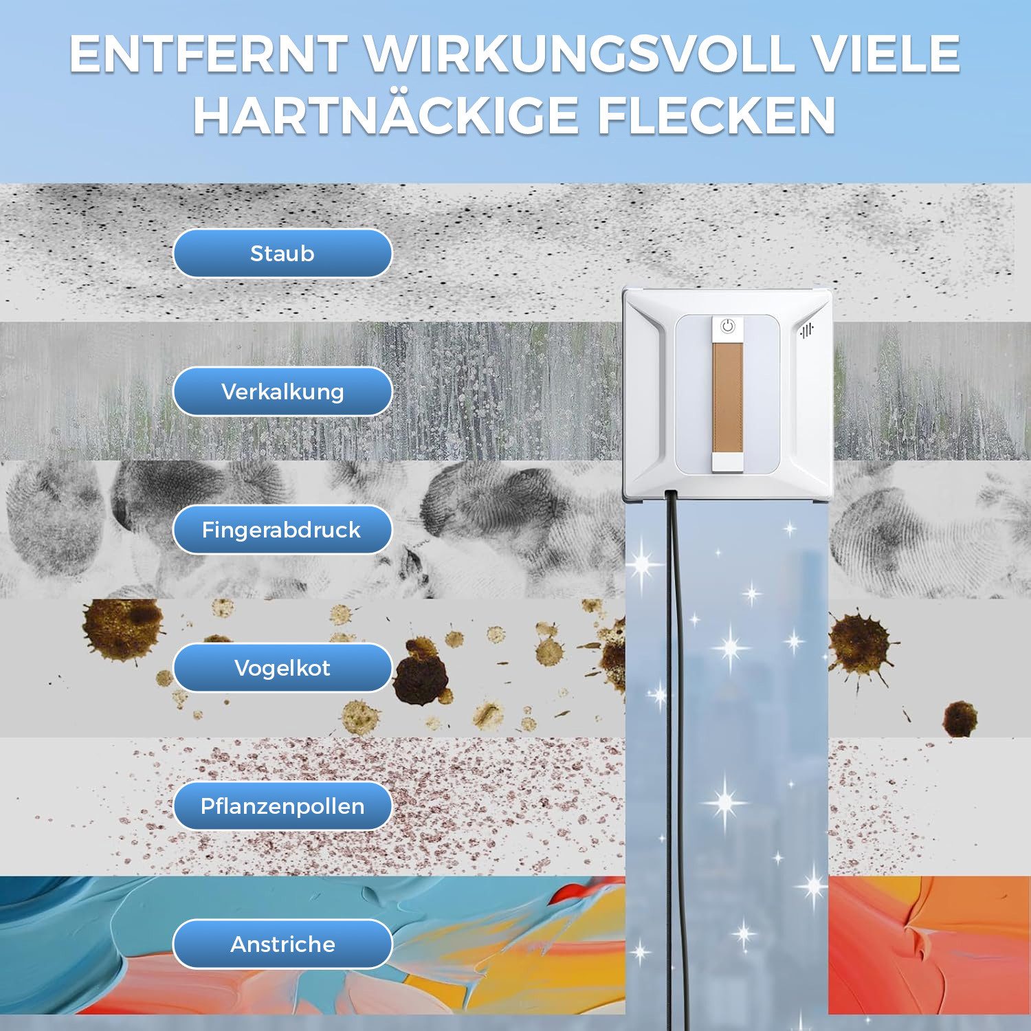 AKKEE Fensterputzroboter Automatischer Fensterputzroboter Intelligentes Bewässerungssystem, 6000PA Fenstersauger mit Water Tank 100ml weiß