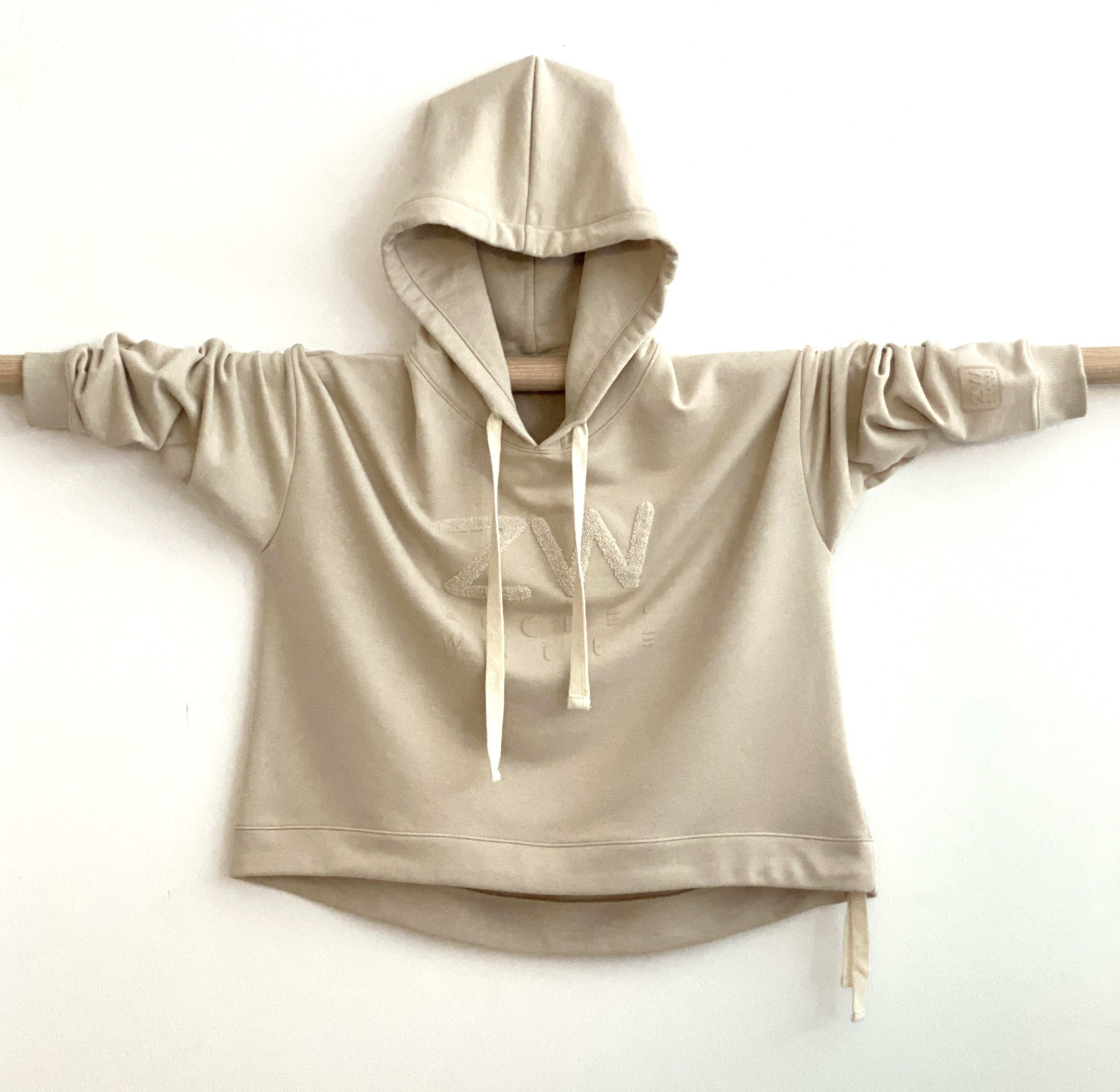 beige Kapuzensweatshirt Logoprint, Baumwolle mit und Zuckerwatte Flockstickerei mit