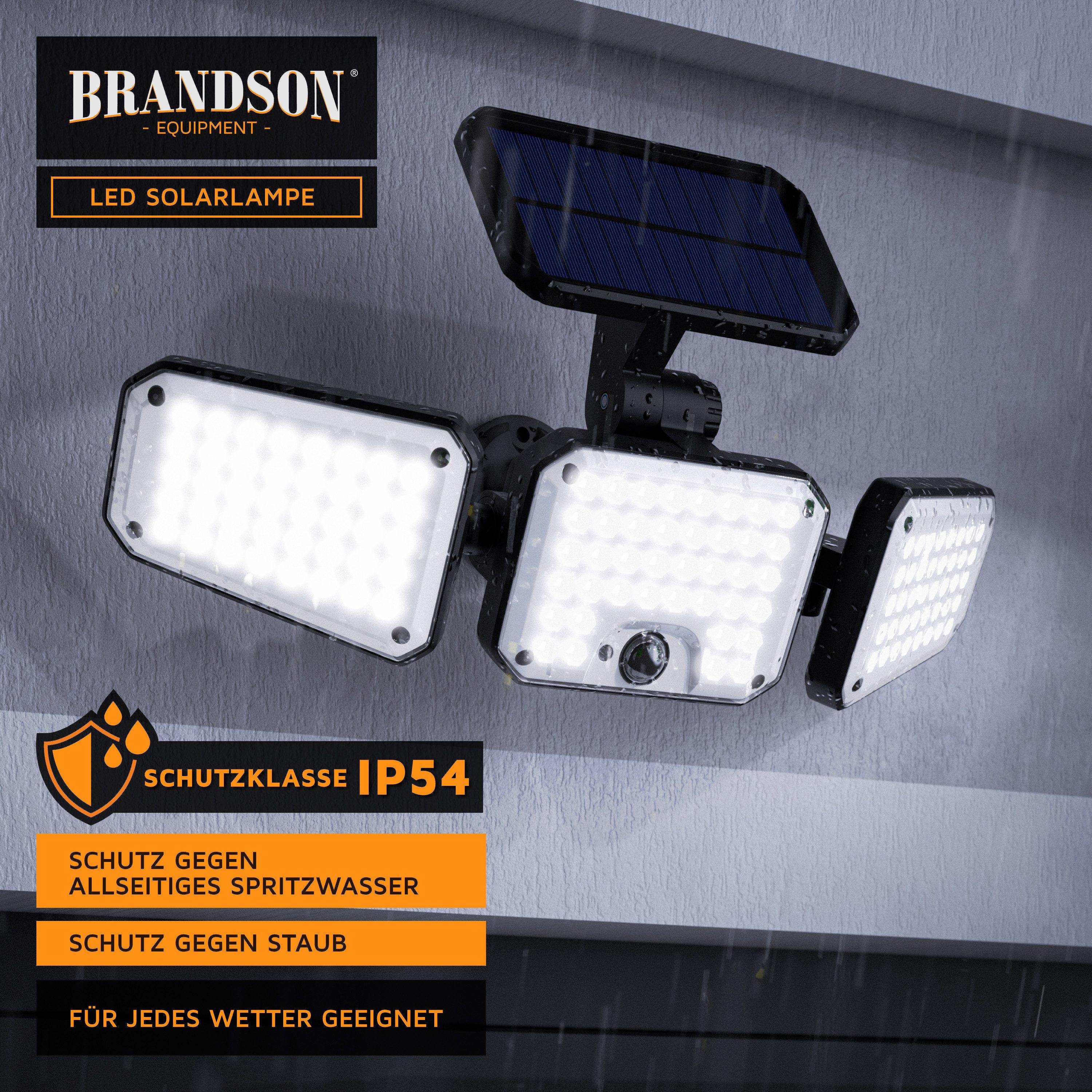 Brandson LED Solarleuchte Solar Sicherheits-/Außenlampe, 120 LEDs, PIR-Sensor, 500 Lumen, 6500K, Ein-/Ausschalter, LED fest integriert, Kaltweiß, 2400 mAh Akku, 270° Licht, dreh/schwenkbar, wetterfest, Außenstrahler