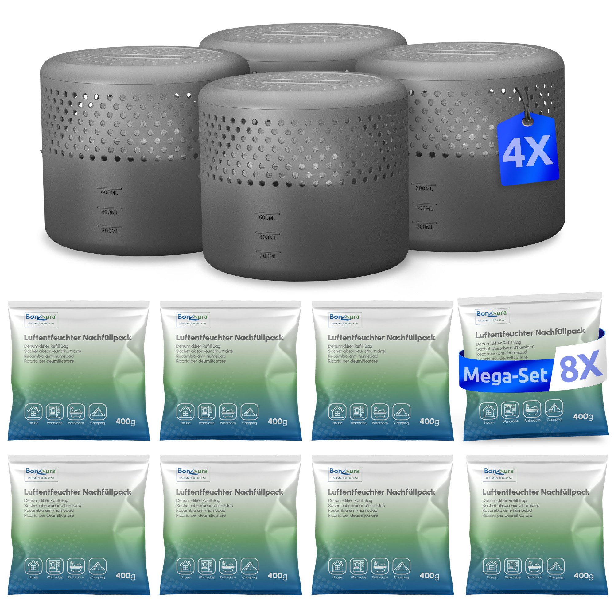 BonAura Luftentfeuchter ohne Strom, für 88 m³ Räume, Tank 0,6 l, 4x Entfeuchter und 8x Luftentfeuchter Nachfüllpack
