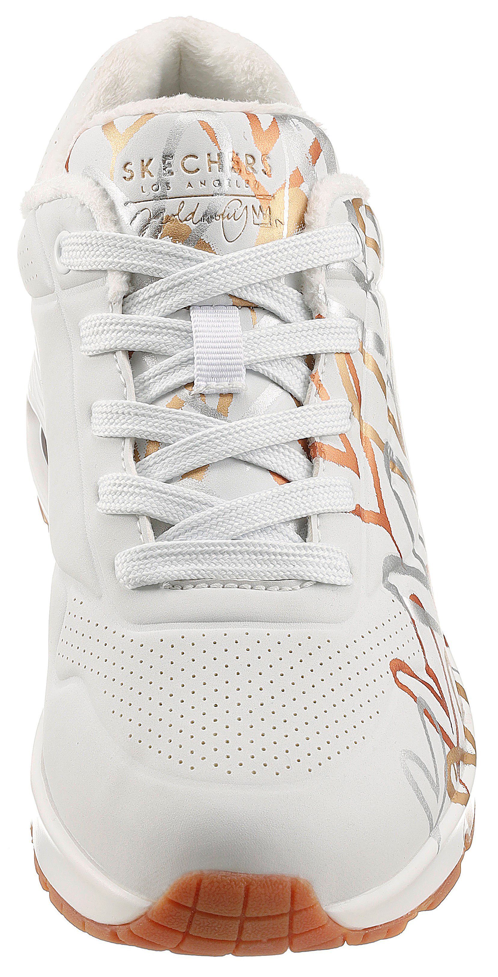 trendigen mit METALLIC Skechers UNO LOVE Sneaker - Metallic-Print weiß-goldfarben